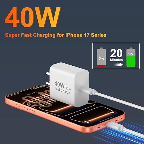 Miniatura 2 de [Certificado Apple MFi] Cargador de iPhone 17 de carga rápida, bloque de cargador USB C de 40 W para Apple con cable de carga tipo C a C extra largo