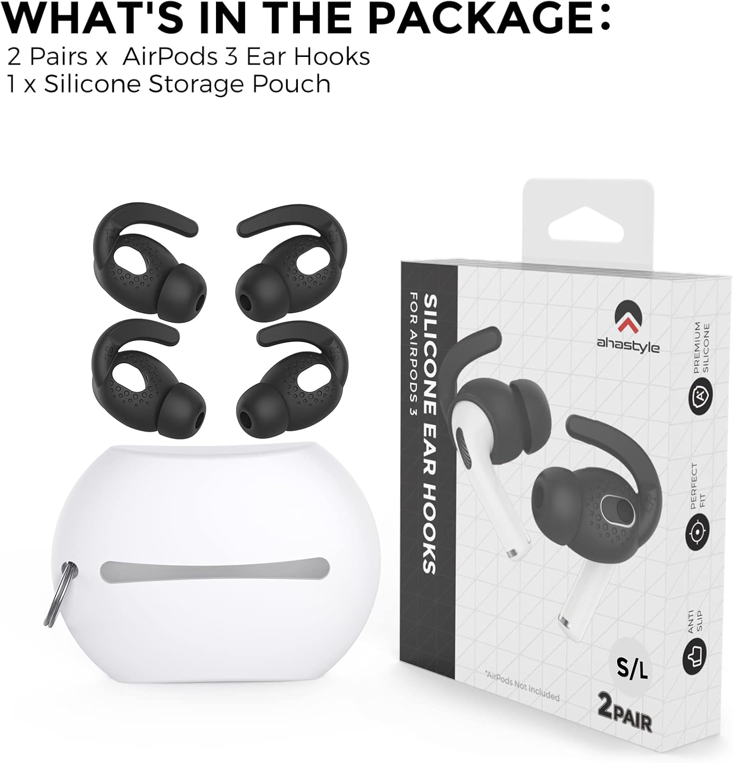 AhaStyle 2 Pairs AirPods 3 Ear Hooks Cover Silicone Earbuds Tips [Added Storage Pouch] Compatible with Apple AirPods 3 2021 (Large + Small, Black) - Image 7