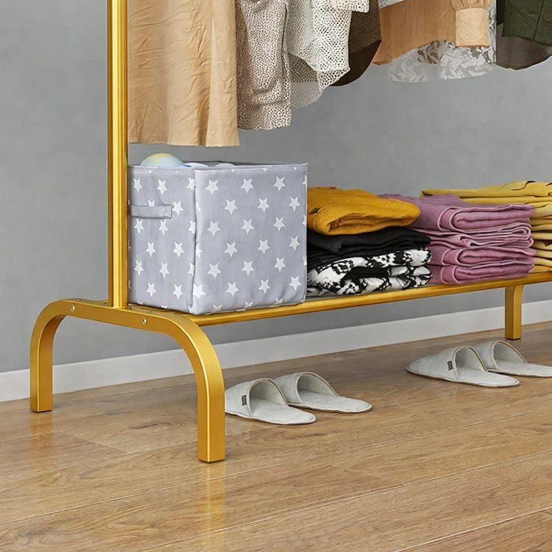 Image of Single Pole Coat Hanger /Cloth Stand /Garment Stand with Bottom Shelves - Metal Garment Rack for Organized Storage 8 Hook (Gold)