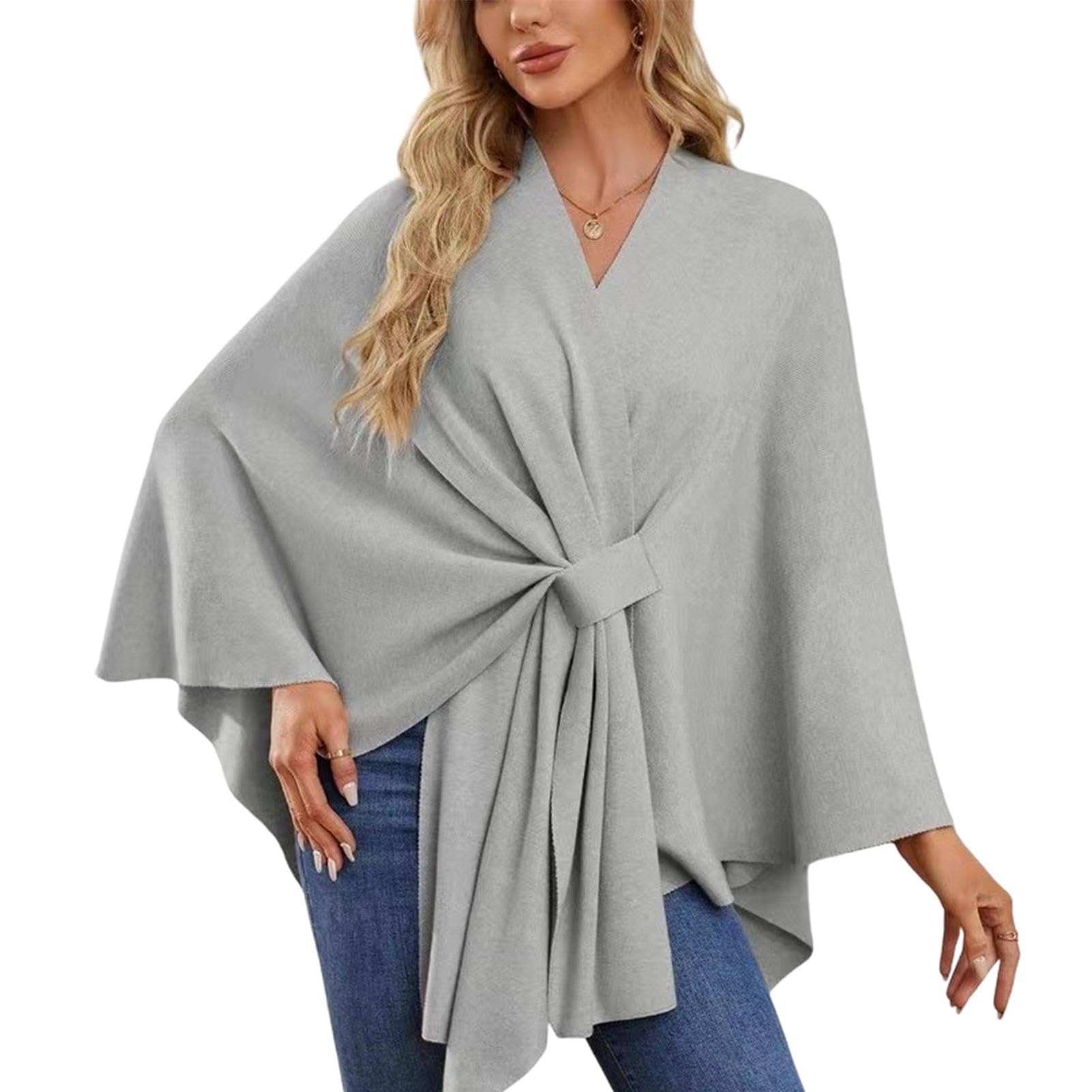 Damen Schal Wickel Poncho - Baumwolle Elasthan Umhang | Vorne Offen Mit Schlaufen