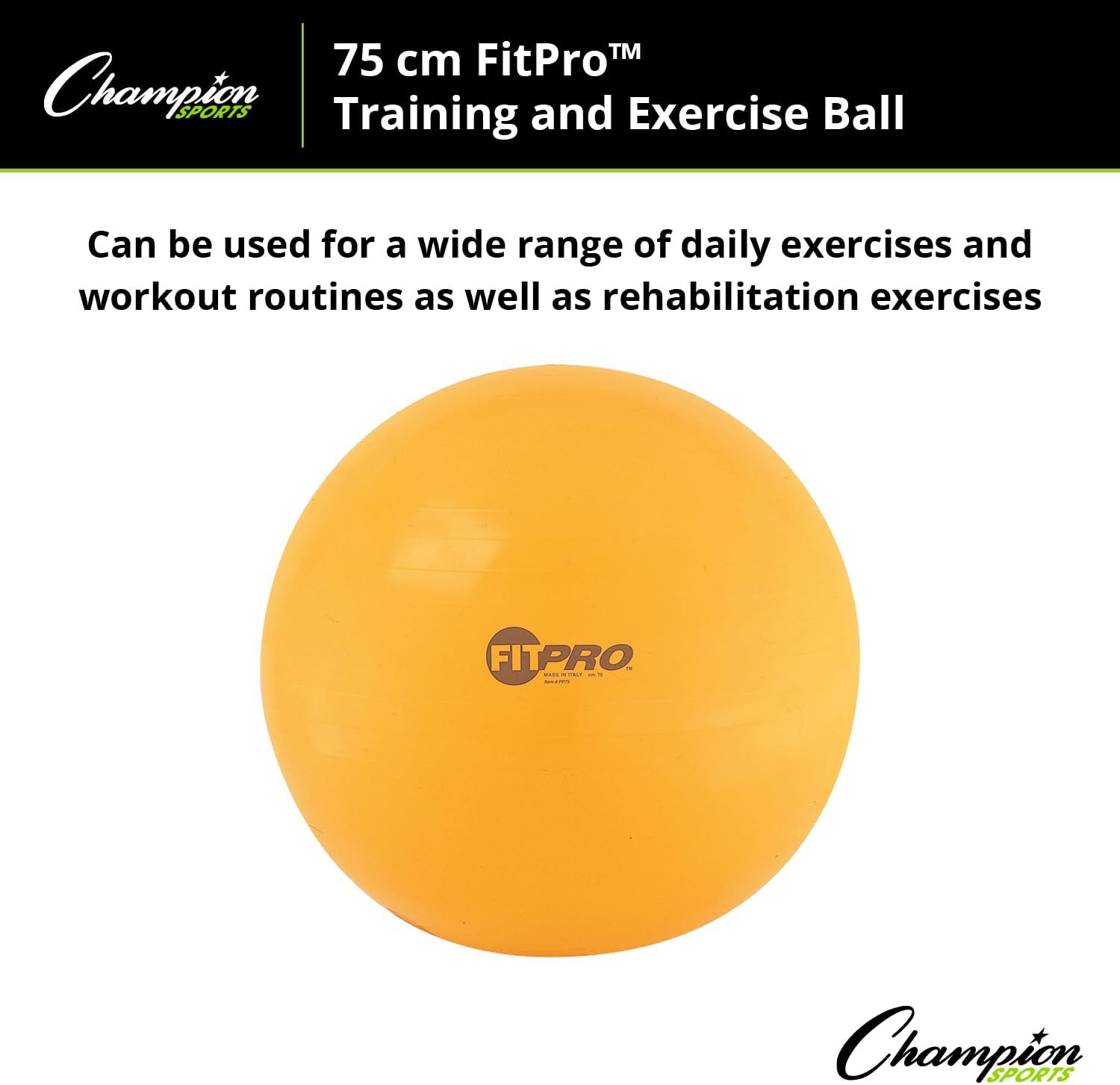 Champion Sports Exercise, Stability, Balance Ball, 75 cm, Yellow - Premium Quality, Pop-Resistant Gym Medicine Balls for Strength and Core Training, Rehab, Workout, Pilates, Pregnancy, Stretching