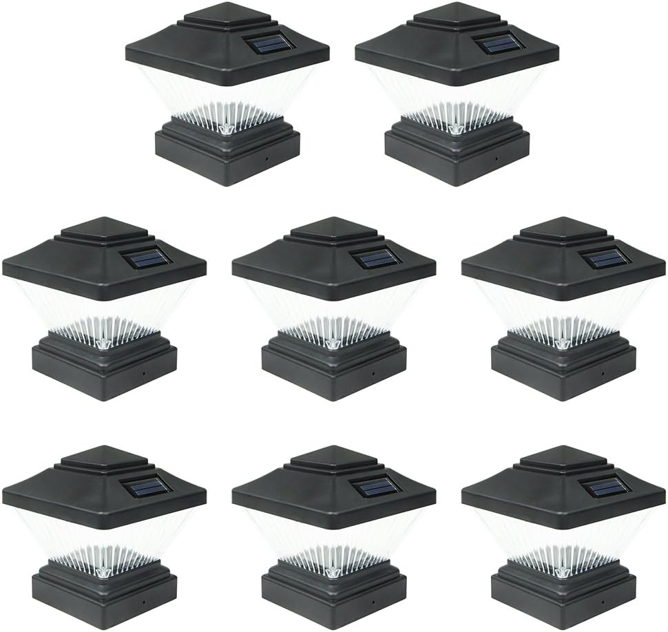 8 Pack Black Outdoor Garden 4 x 4 Solar LED Post Deck Cap Square Fence Light Landscape Lamp Lawn PVC Vinyl Wood