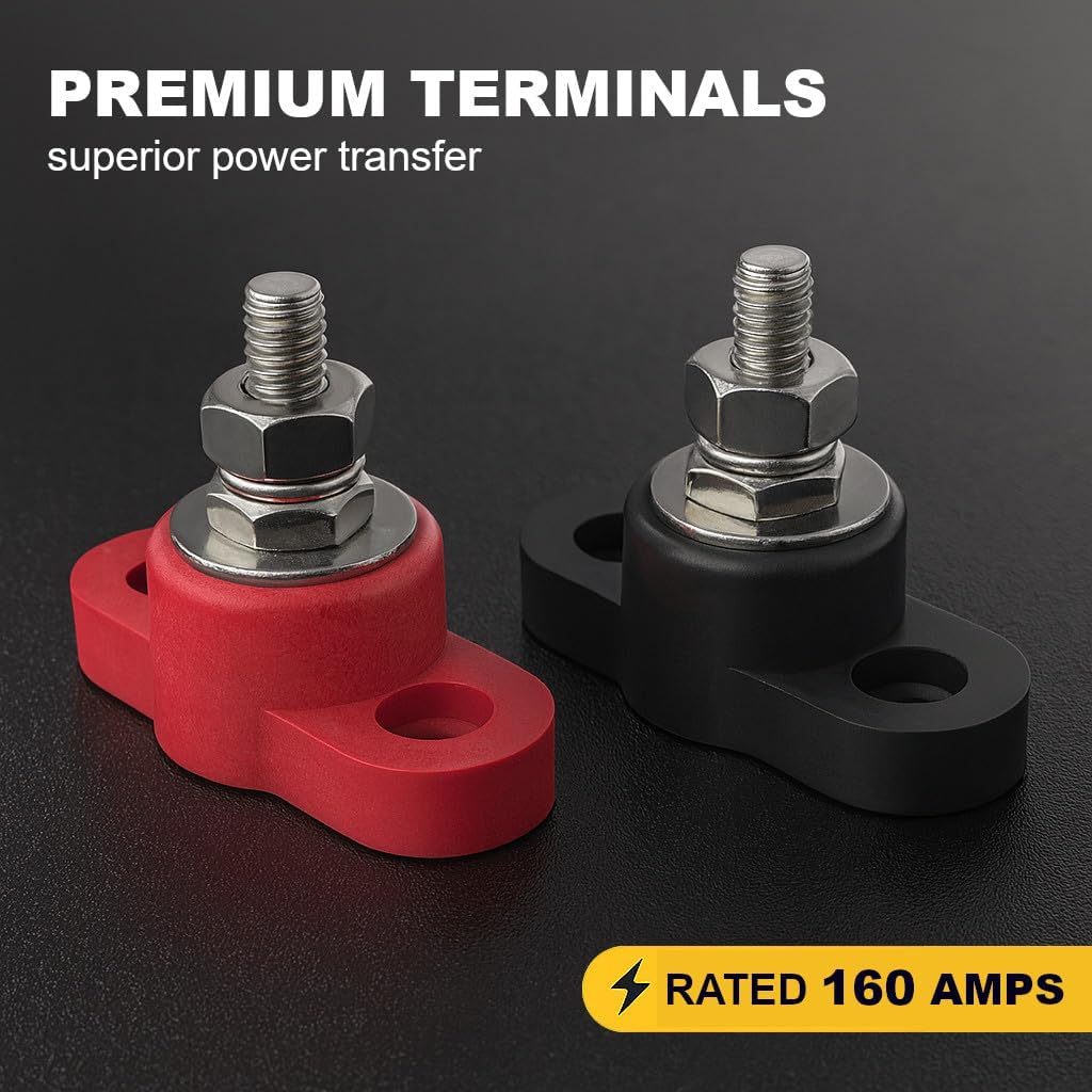 MGI SpeedWare 1/4" Bolt Power Junction Post for 12V 24V Automotive and Marine Battery Accessories Connections, 160 AMP, Stainless Steel Stud with Insulated Base, Red + Black Pair