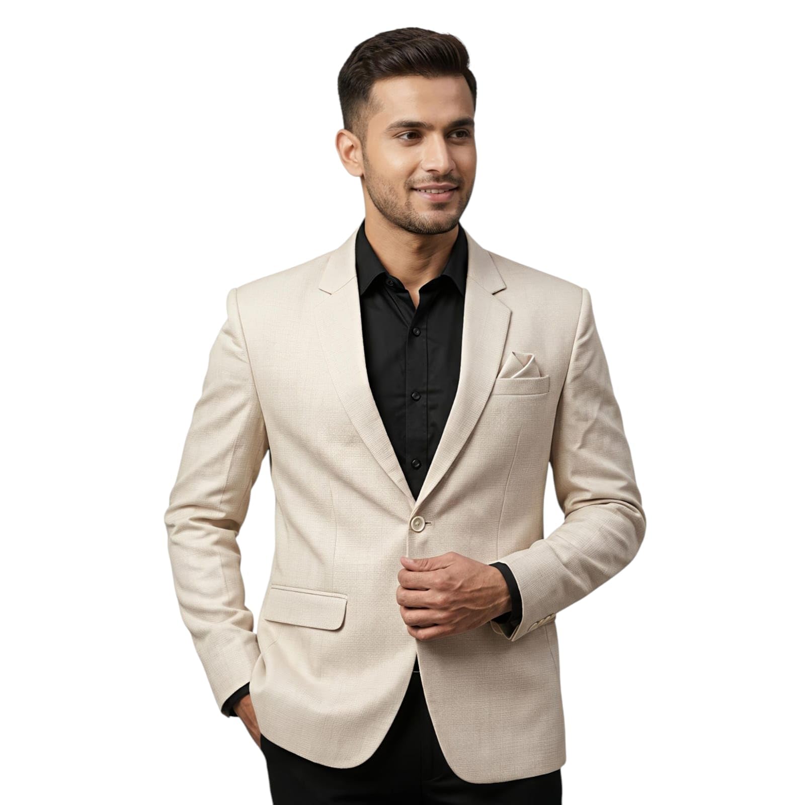 Men's Beige Slim Fit Blazer, Single-Breasted Two-Button, Notch Lapel, Micro Check Textured Woven, Polyester Viscose-image-20