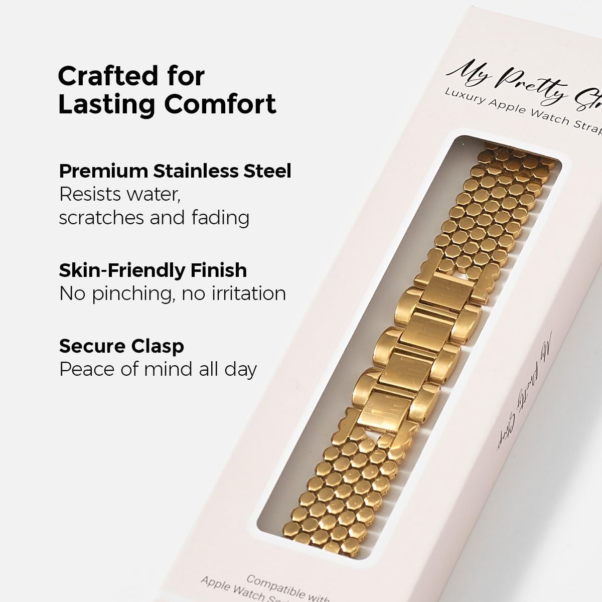 My Pretty Strap - Compatible Apple Watch Band Strap, Stainless Steel Fashion iWatch Replacement Strap- Easy Resizing, No Tool Needed, Fits Most Wrists- Series 1-11, SE and Ultra