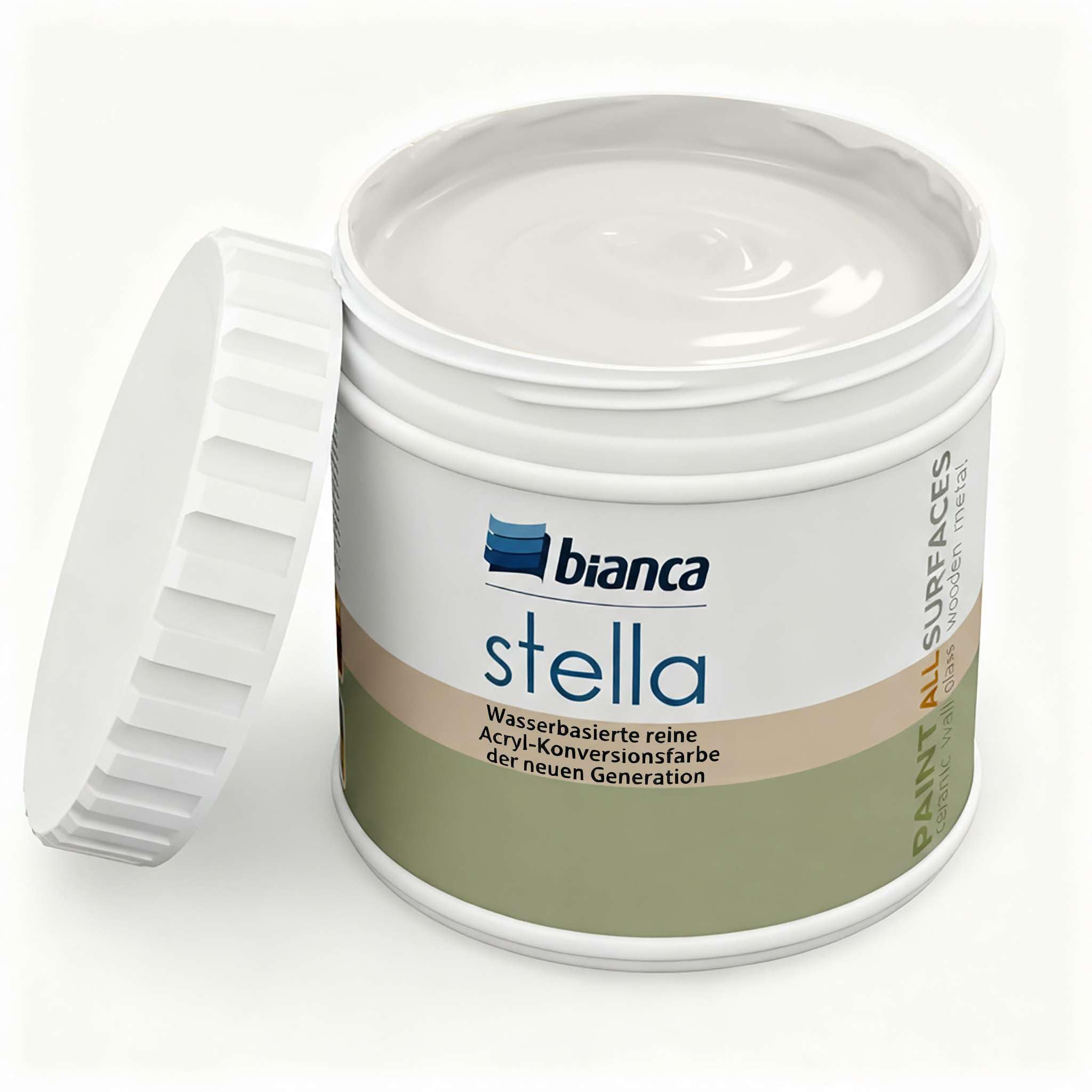 Bianca Stella Pintura para muebles premium sin lijado para cocina y baño, Blanco arena, Brillante, 500ml, a base de agua, pintura acrílica para todas las superficies, madera, azulejos, metal