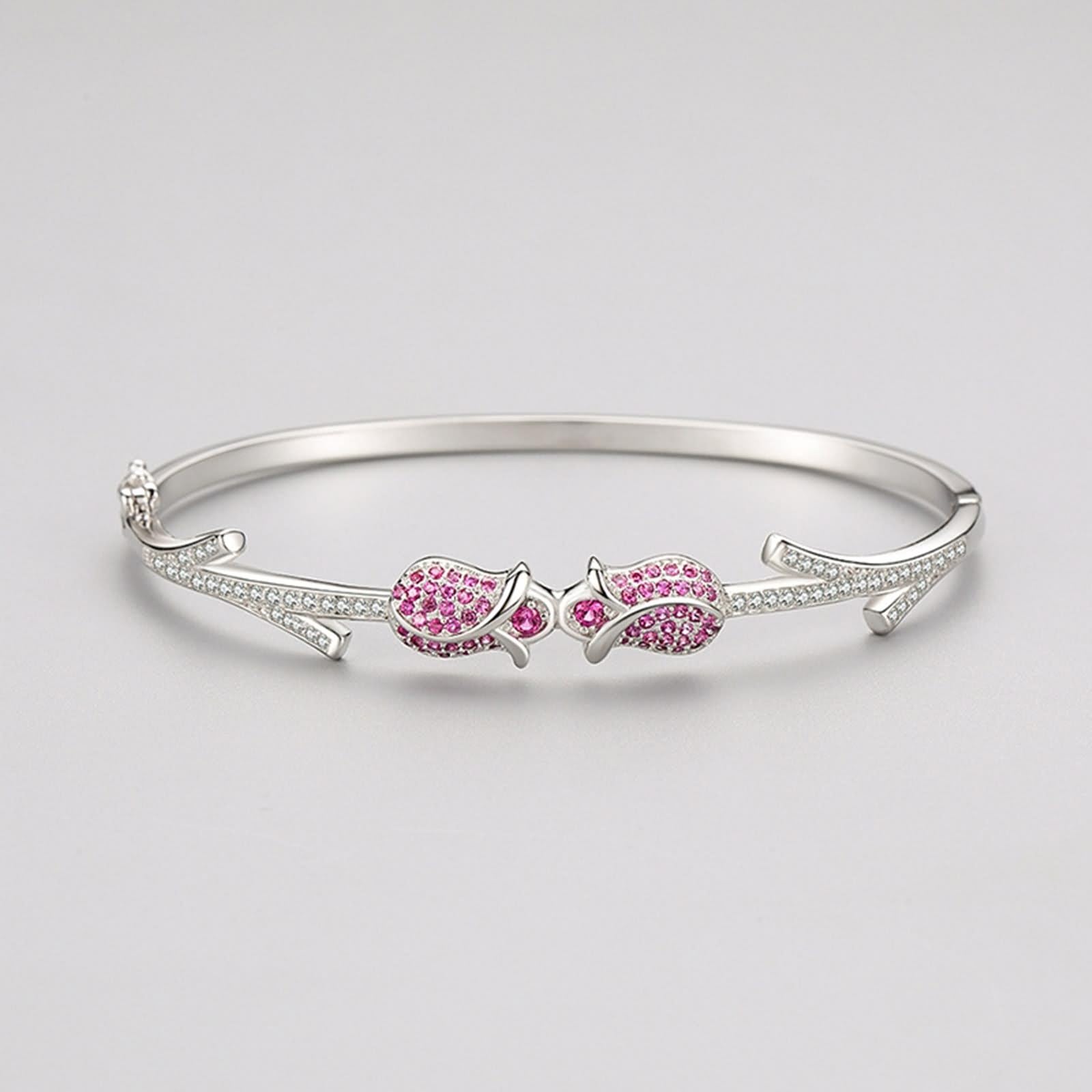 Pulsera para mujer, pulsera para mujer, rosa con rubí creado en laboratorio, oro blanco, regalos únicos para amigas y mujeres