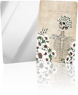 OComster Skull with Daisy Decor Compact Mirror Bulk Mini Card Mirror, Retro Sheet Music Background Small Compact Mirror for Purse, Rectangular Handheld Pocket Makeup Mirror