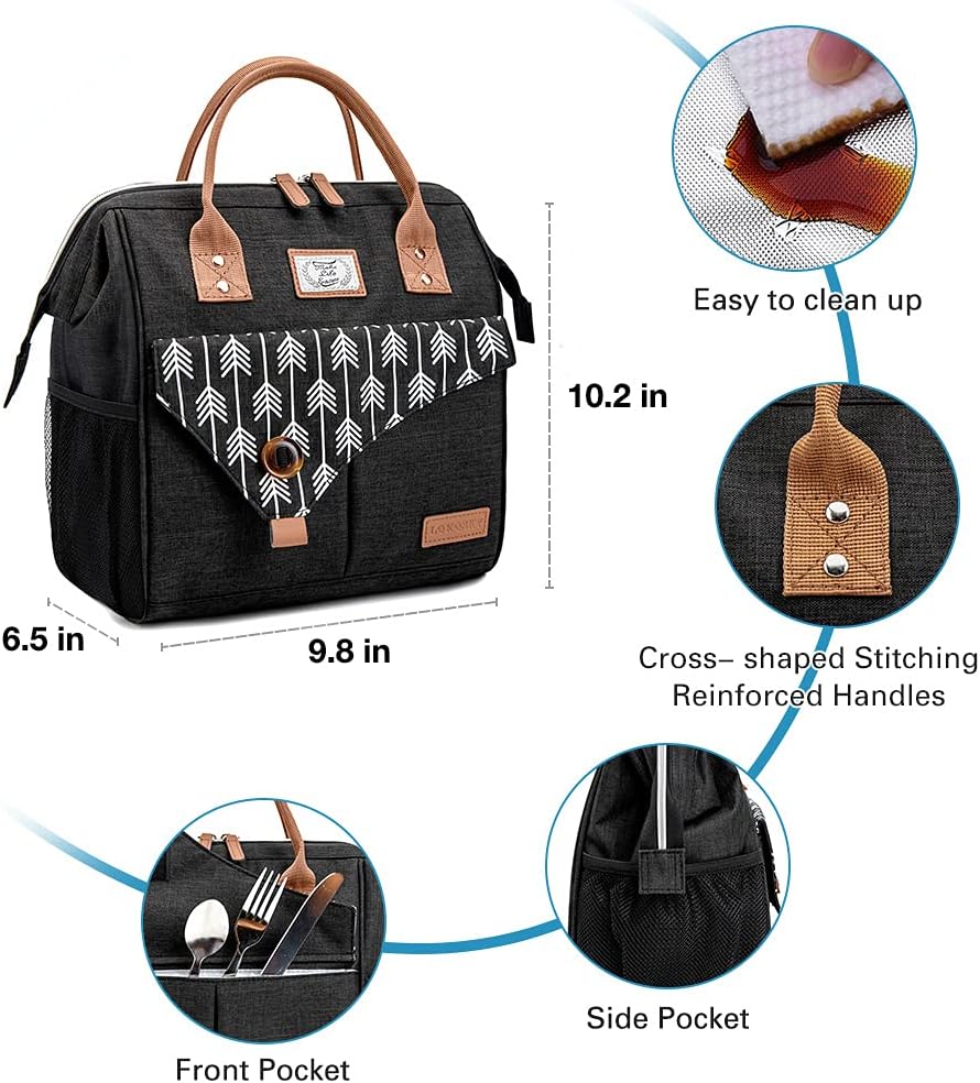 Lekesky Insulated Lunch Bag for Women Leakproof Wide Open Lunch Box Reusable Lunch Cooler Bag for Adults Work, Black - Image 5