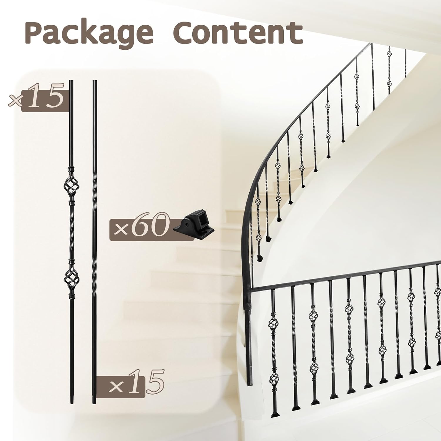 30 Pack Wrought Iron Balusters for Staircase Interior, 1/2 x 44 Hollow Deck Spindles Stair Railing Indoor with 60 Fixed Swivel Shoes, Metal Double Basket Decorative Stair - Matte Black