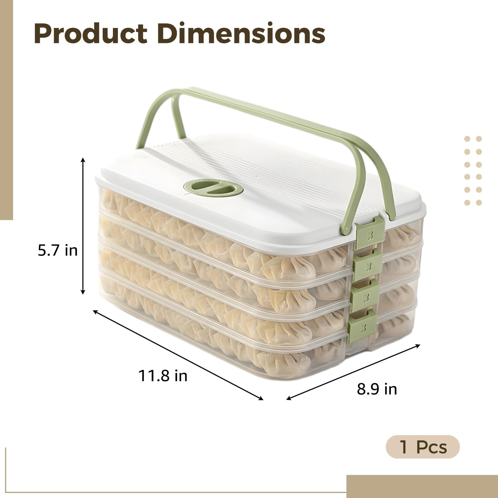 Dumpling Aufbewahrungsbehälter, 4-lagiger stapelbarer Organizer für Tiefkühl-Lebensmittel mit tragbarem Griff, verschlossene Kühlschrankbox für Dumplings, Cookies, Gebäck, 30 cm x 22,5 cm x 14,5 cm