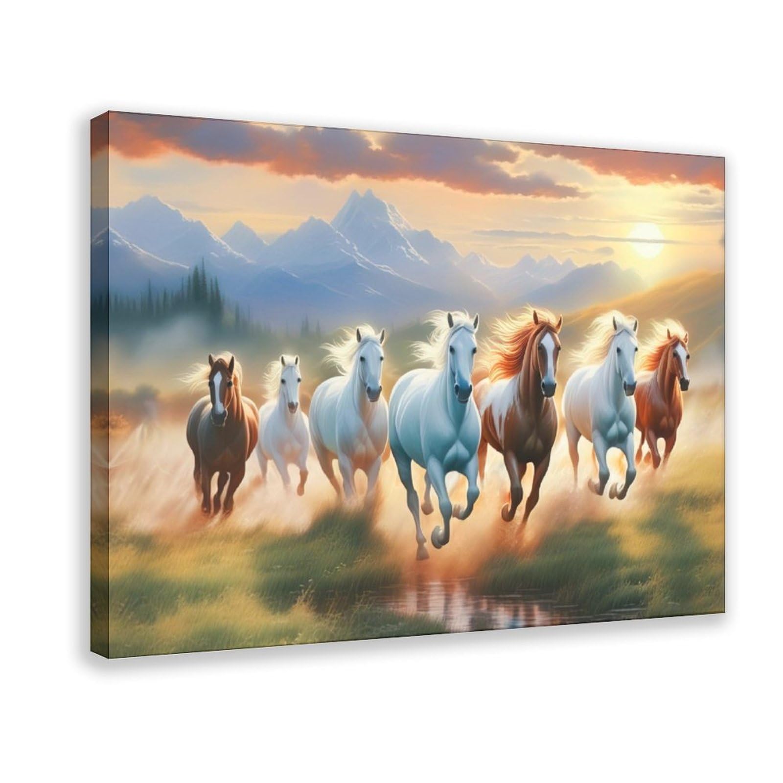 Seven Lucky Running Wild Horses 7 Running Horses Painting Prints Canvas Poster Landscape Wall Art for Living Room Bedroom Office Room Decor 08x12inch(20x30cm) Frame
