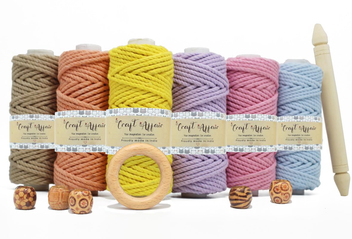 Craft Affair | 3ply Twisted Oragnic Macramé Cotton Cord (Each Color 10 Meter, 3mm) | Get Free Wooden Dowel, Ring, Beads |for Wall Hangers and DIY Projects - (Pack of Six) 1-image-37