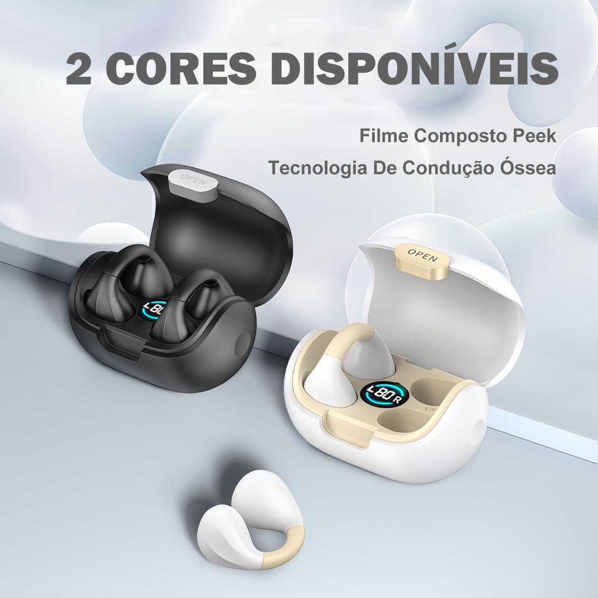 Two H'MASTON RS-46 Bone Conduction Wireless Headsets, one black and one white, in their open charging cases.