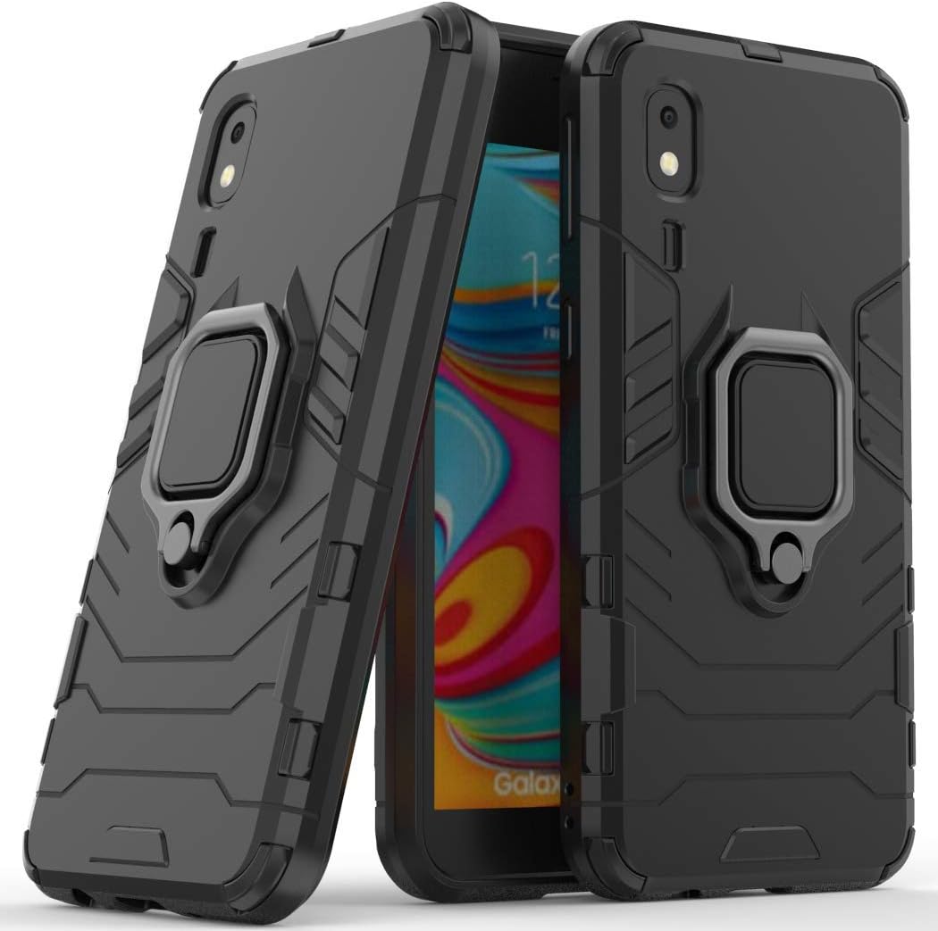 Compatible with Galaxy A2 Core Case, Metal Ring Grip Kickstand Shockproof Hard Bumper Shell (Works with Magnetic Car Mount) Dual Layer Rugged Cover for Samsung Galaxy A2 Core (Black)