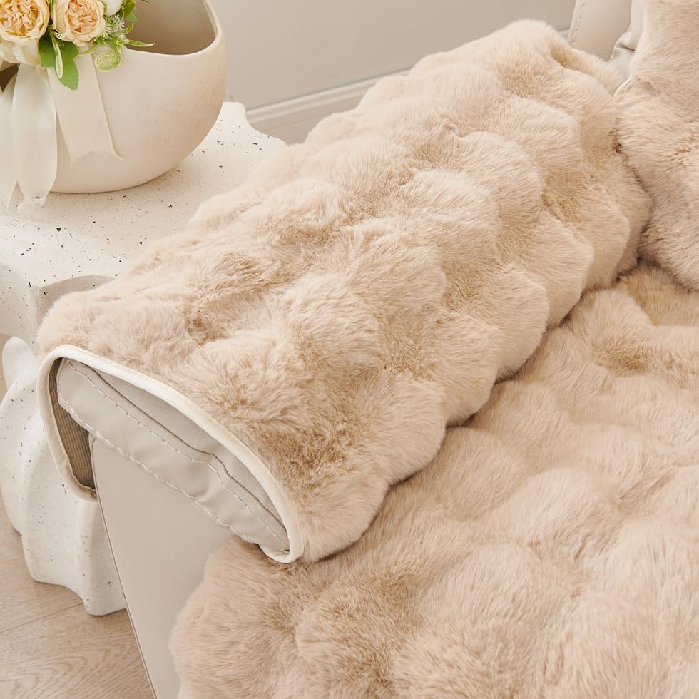 ROOMLIFE Faux Fur Fluffy Recliner Chair Slipcover Faux Rabbit Fur Sofa Cover, Soft Non-Slip Dog Chair Cover Furniture Protector Washable, Elastic Straps for Pets, Kids (Khaki 23.6"X 88.5")
