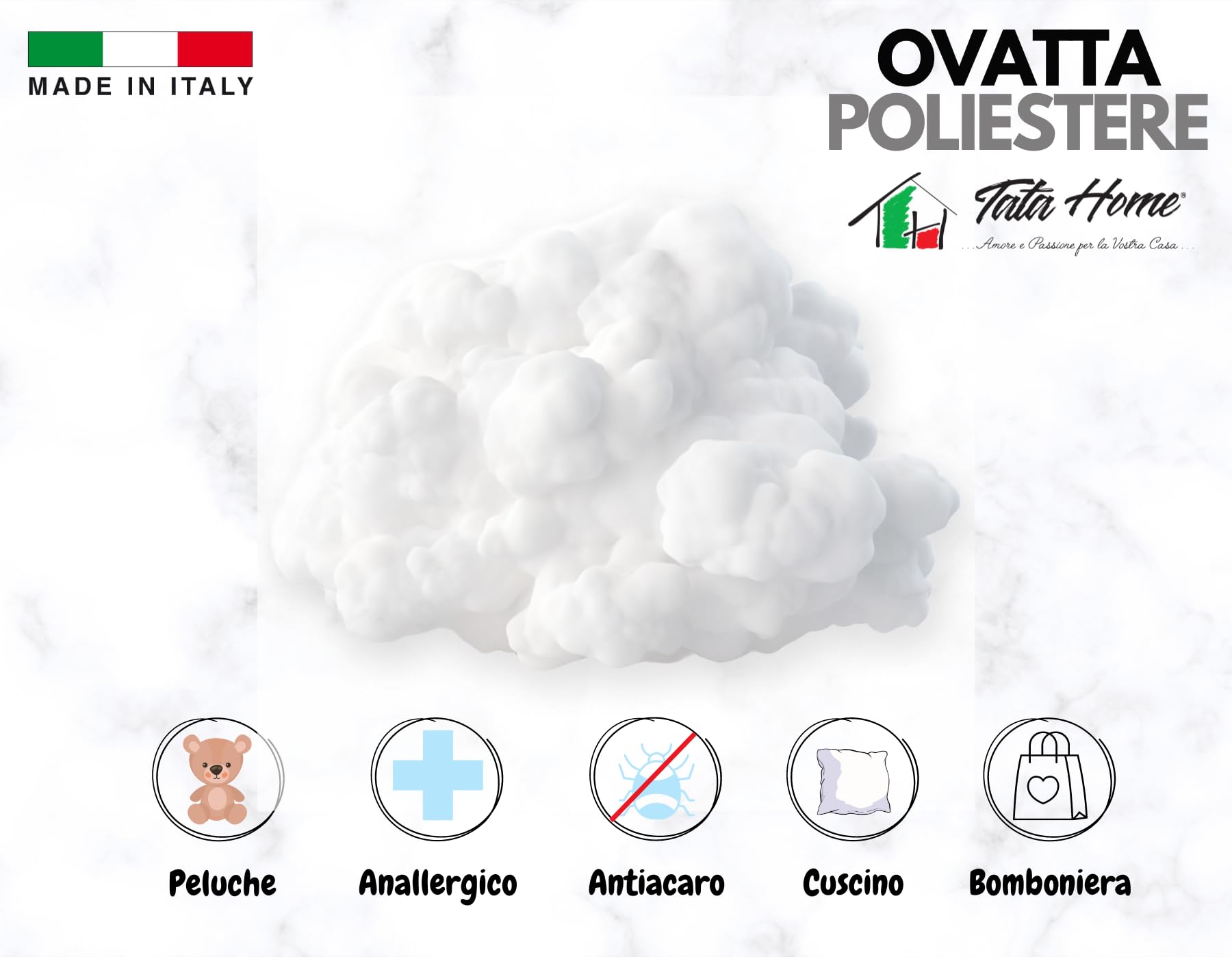 Tata Home Ovatta per Imbottitura in Poliestere Soffice per Cuscini Bambole Peluches Progetti Creativi Anallergica Fioccata Bianca Made in Italy Sacchetto 2 kg