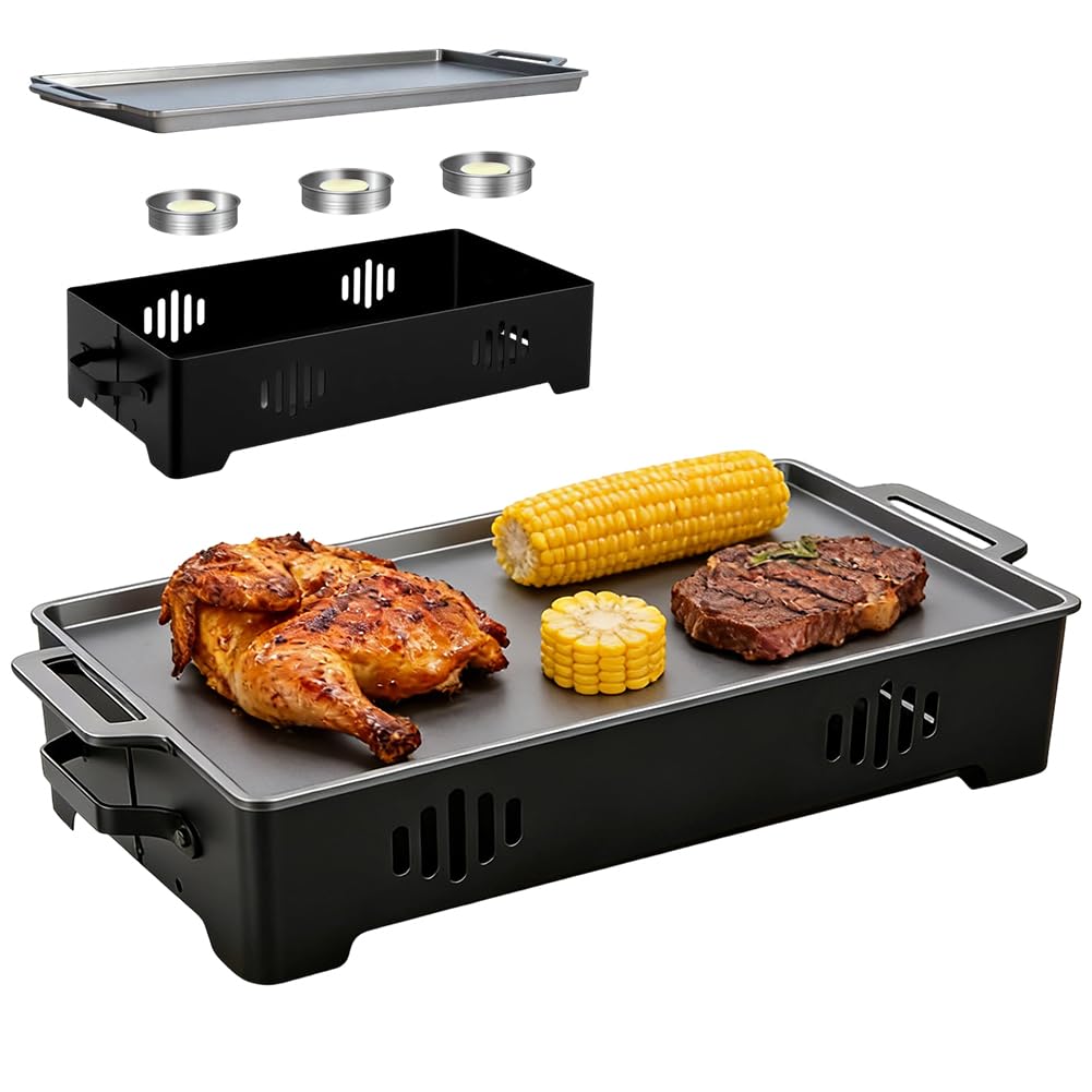 Warmhalteplatte Teelicht BBQ - Speisenwärmer & Warmhaltebehälter für Grill Tisch, Antihaft Aluminium Grill-Heizplatte mit 3 Teelichthaltern, Grill Zubehör Outdoor Garten