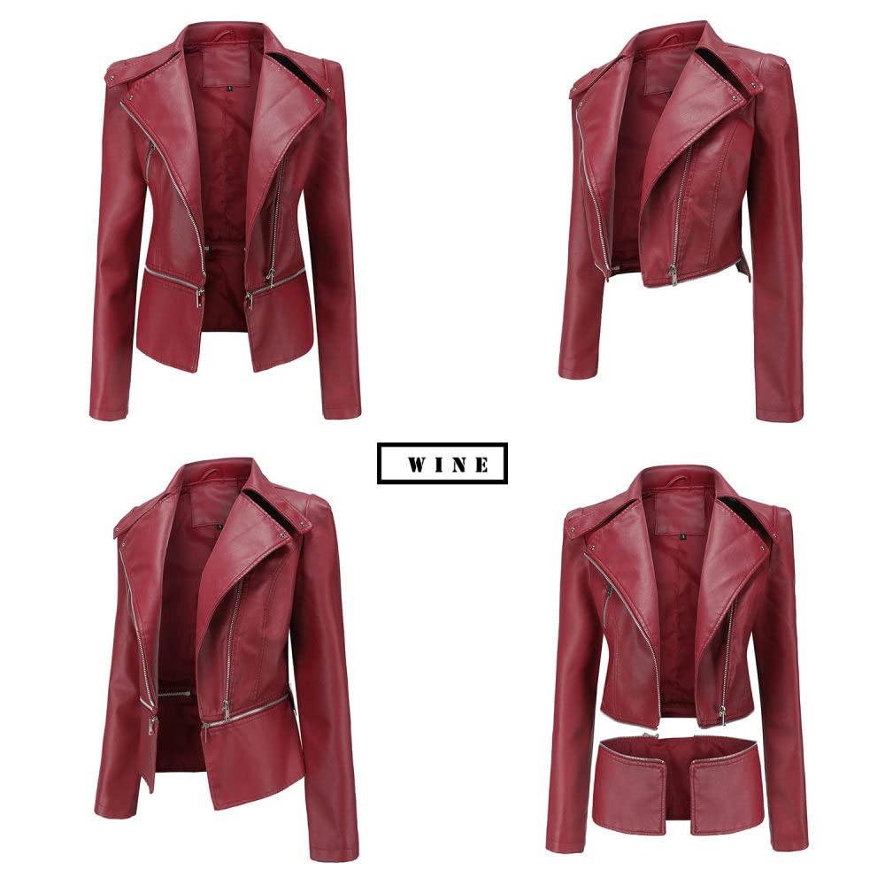 Lederjacke Damen,Damen Kunstlederjacke Weinrot Revers Reißverschluss Hinten Falten Abnehmbarer Saum Vintage Langarm Kurz Slim Fit Moto Biker Pu Mantel Bomber Motorrad Outwear Frühling Herbst Warme