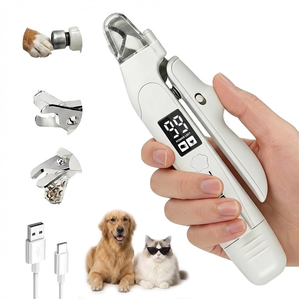 2-in-1 Dog & Cat Nail Clipper and Grinder with LED Light, Low-Noise Electric Pet Nail Trimmer, Safety Lock & Nail Catcher, USB-C Rechargeable, 3 Grinding Ports for Small Medium Large Pets