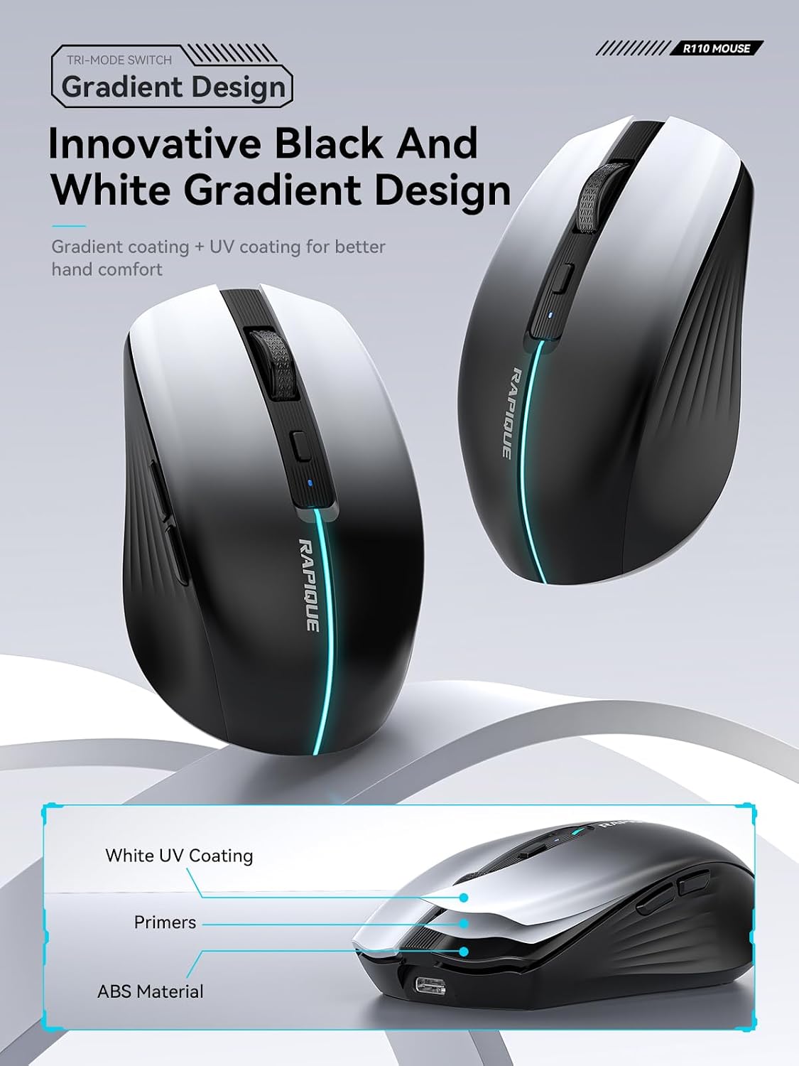 RAPIQUE Bluetooth Wireless Mouse – White to Black Gradient, Dual Bluetooth 5.1 & 2.4G Connectivity, Silent Click, Rechargeable, Ergonomic 6-Button for Windows/MacOS/Android/Laptop/MacBook/iPad - 2