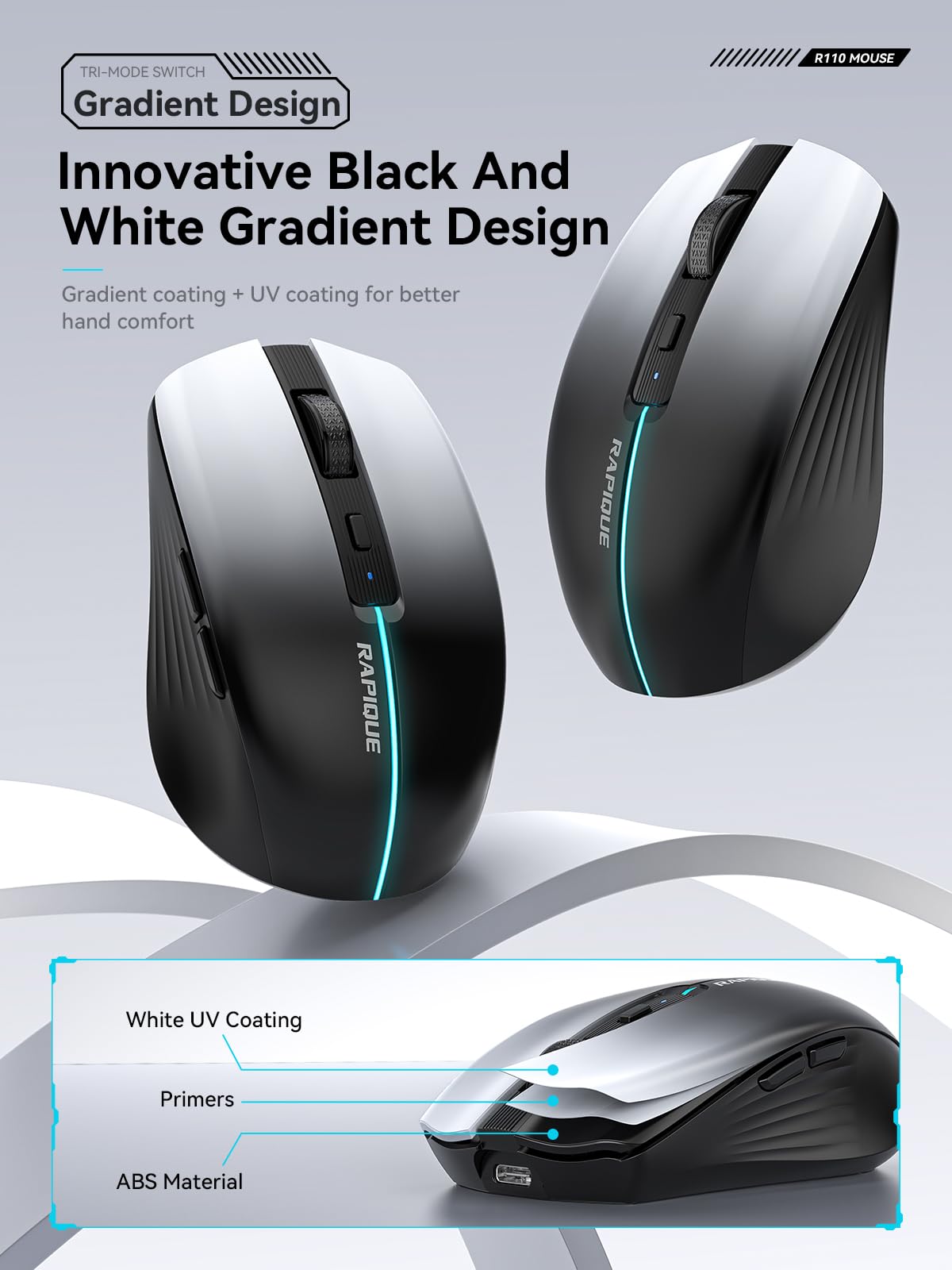 RAPIQUE Mouse senza fili Bluetooth – Bianco a Nero Gradiente, Doppia connettività Bluetooth 5.1 e 2.4G, Silent Click, Ricaricabile, Ergonomico 6 Tasti per Windows/MacOS/Android/Laptop/MacBook/iPad