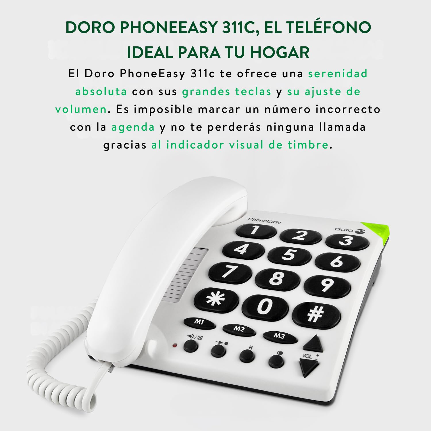 Doro PhoneEasy 311c Teléfono Fijo con Cable para Personas Mayores con Teclas Grandes, Marcación Rápida y Compatible con Audífonos (Blanco) [Versión Española]