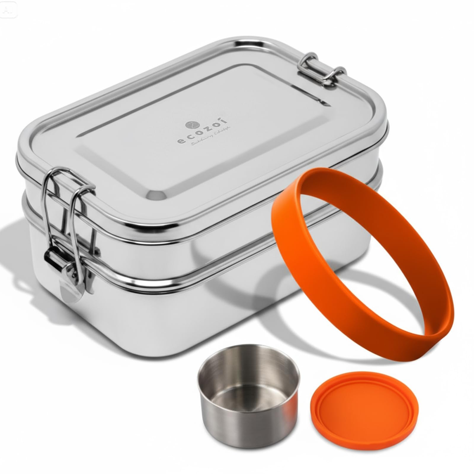 ecozoi Stainless Steel Lunch Box – 2 Tier Bento Box with Bonus Pod & 3 Compartments – Leak Proof Stainless Steel Lunch Box – Plastic Free, Eco Friendly, Dishwasher Safe, 60 oz