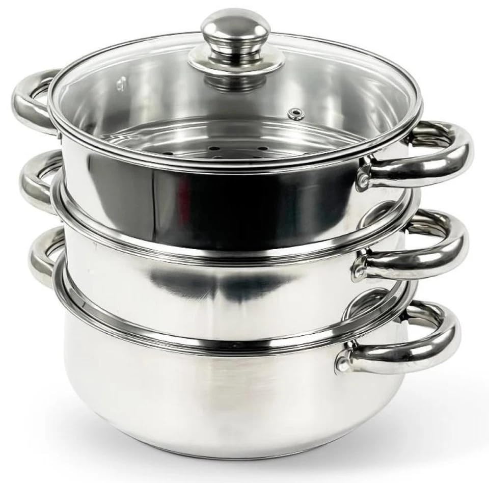 3 Tier Stainless Steel Food Steamer Set - Induction Hob Steam Pot Pan Cookware with Encapsulated Base & Tempered Glass Lid, Silver