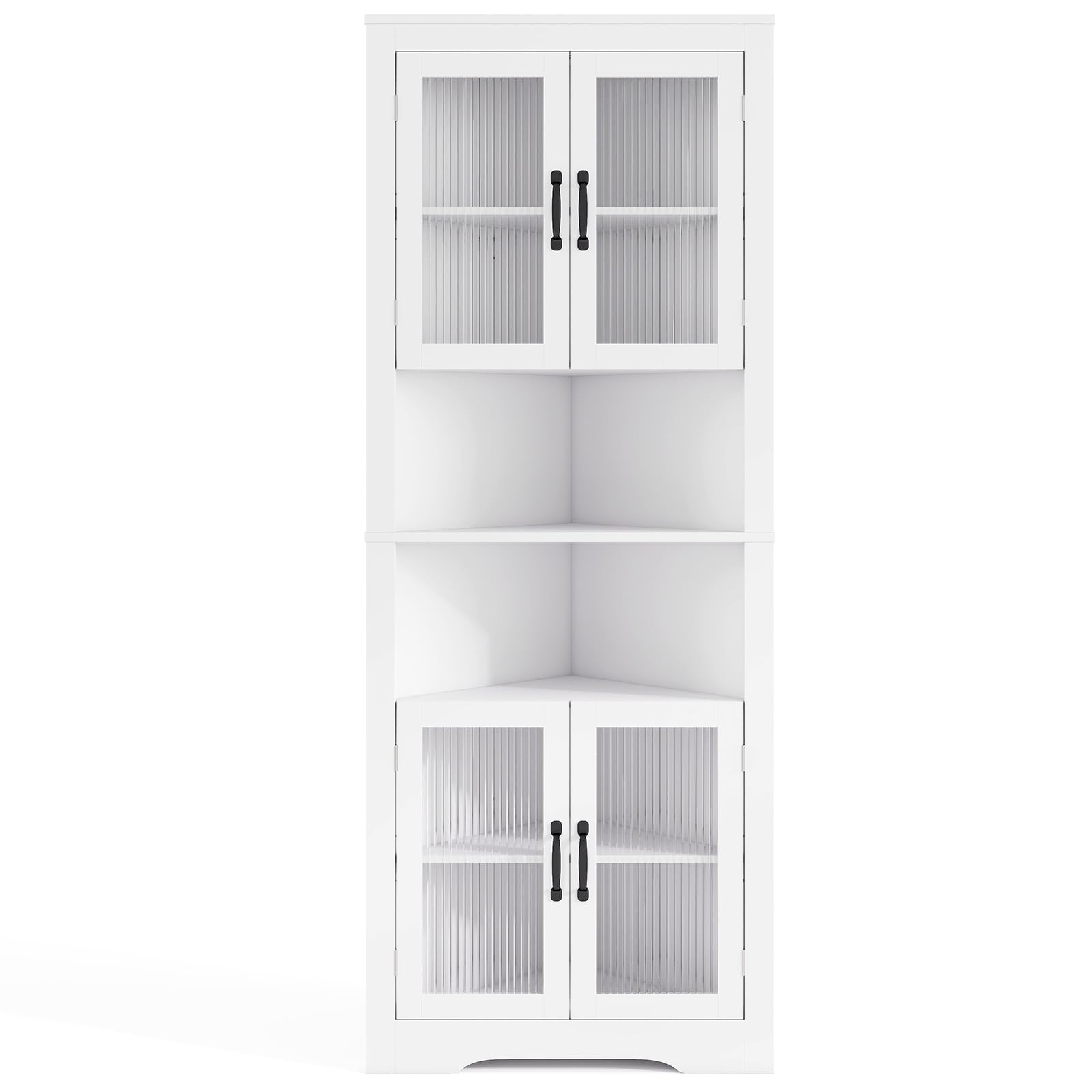 COSTWAY Wąska szafka kuchenna, szafka narożna z 4 szklanymi drzwiami i 6 półkami, wysokość 171 cm, trójkątna szafka bufetowa, wolnostojąca, wielofunkcyjna szafka, do kuchni, jadalni, salonu, biała