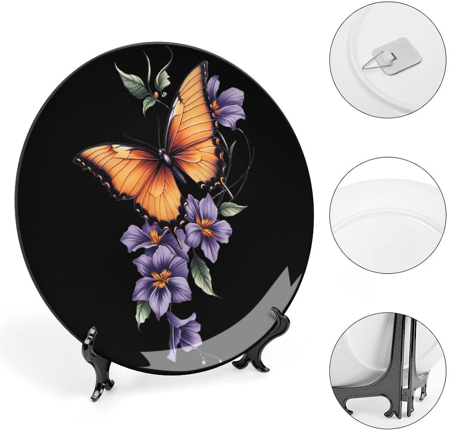Butterflys Hibiscus Syriacus Flowers Decorative Plates for Display Ceramic Plate Tray with Stand Hanger Home Decor
