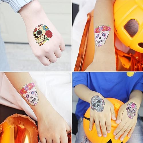 Miniatura 3 de Ooopsiun Tatuajes del Día de los Muertos de Calavera de Azúcar para Niños  40 hojas de calcomanías de calavera de Halloween para niños y niñas,