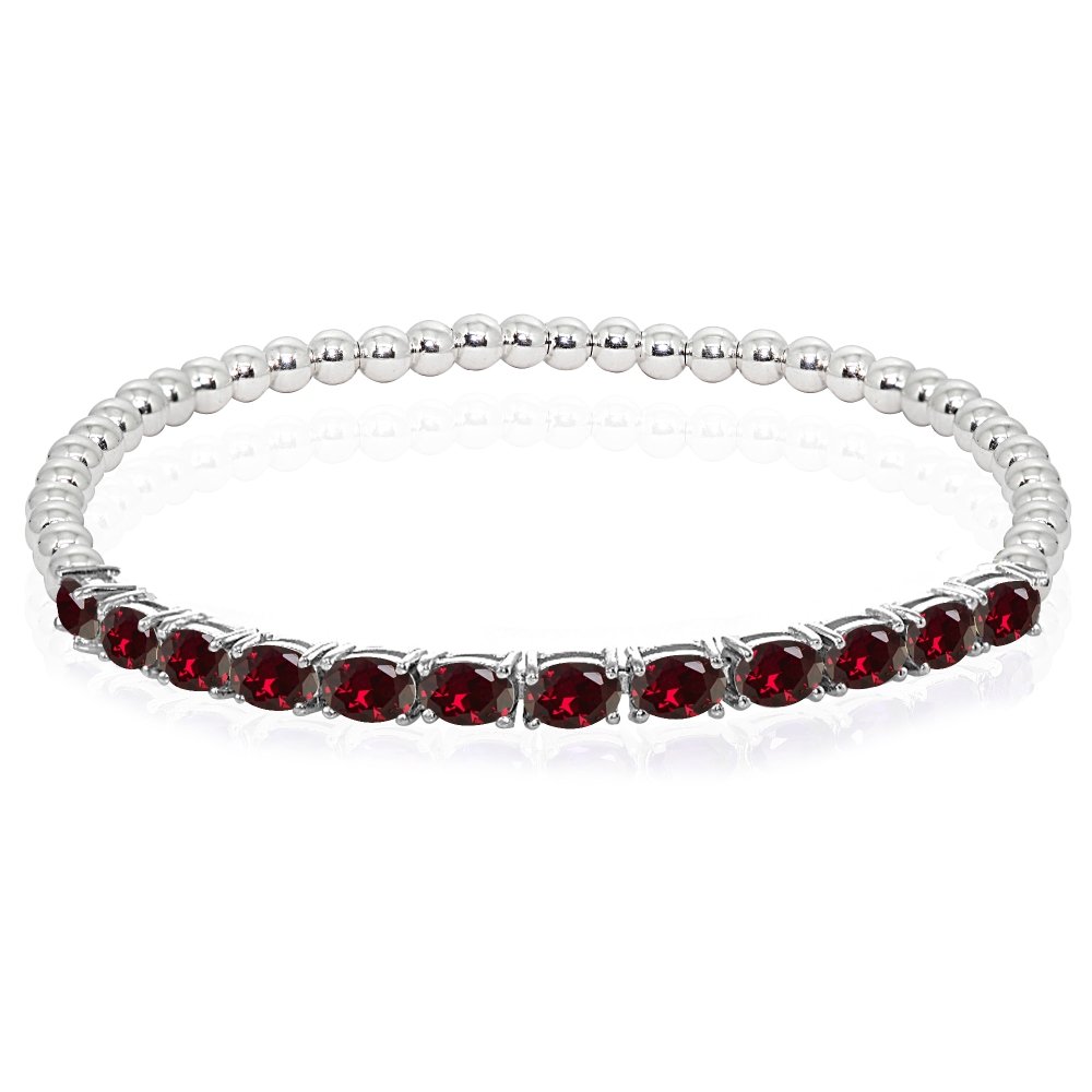 Sterling Silver Genuine, Created or Simulated Gemstone Oval Beaded Stretch Tennis Style Bracelet