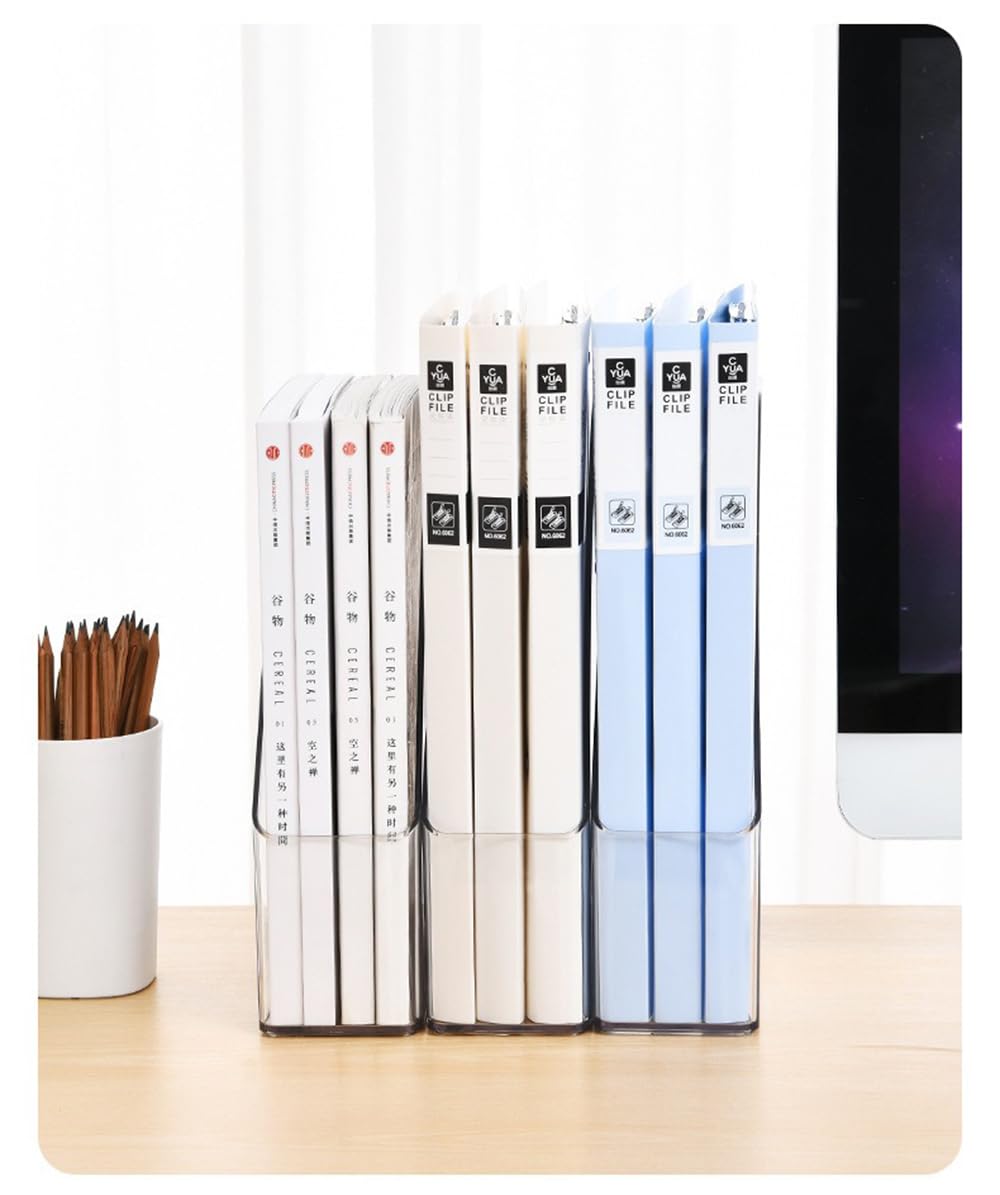 ESHINEDE Acrylic Magazine Holder, 2 PCS File Magazine & Book Storage Rack for Office Desk, Clear Book Organizer with 3pcs Silicone Automatic Bookmarks