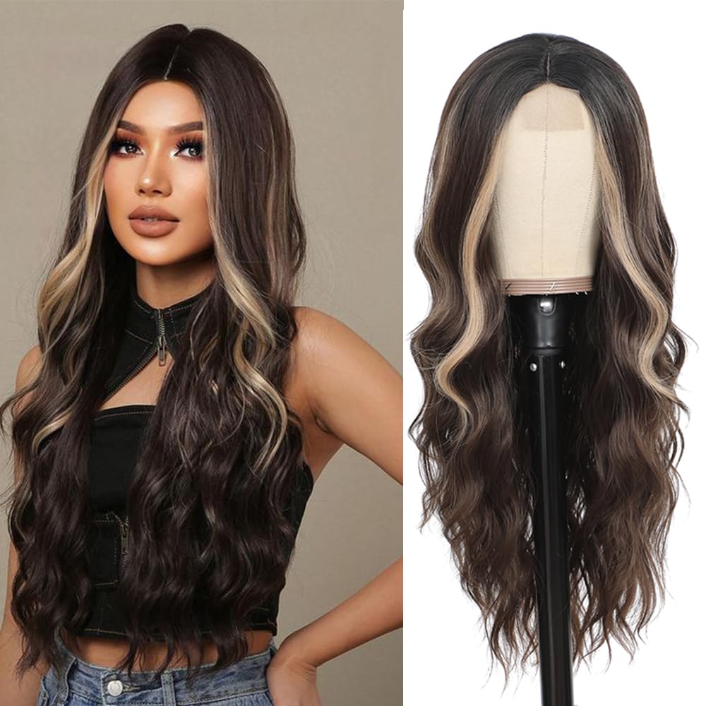 HMHIFI Long Brown Wigs for Women Mixed Blonde Long Curly Middle Part