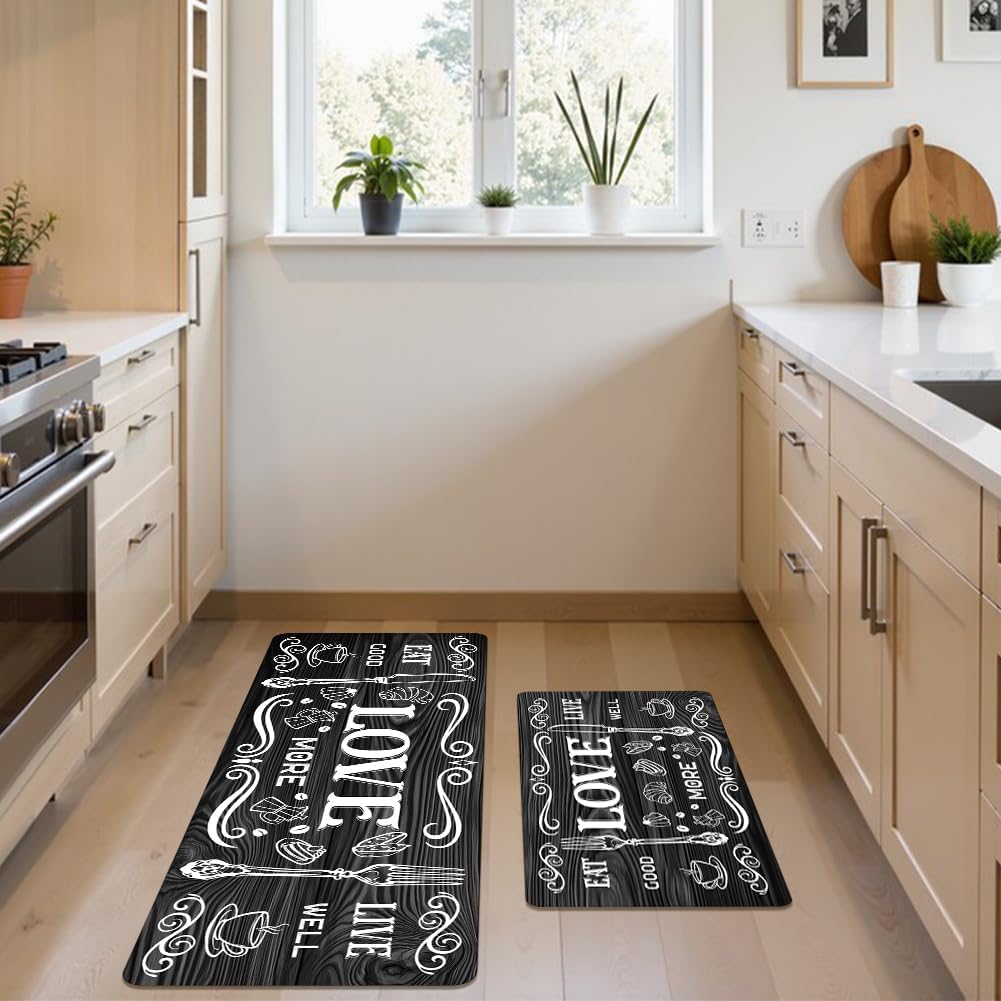 PH PandaHall Set of 2 Kitchen Rugs and Mats, Motto Rugs Eat Live Love Non-Slip Washable Floor Mat Soft Cushion with Rubber Backing for Home Kitchen Restaurant Decor, 30"x17" + 47"x17"