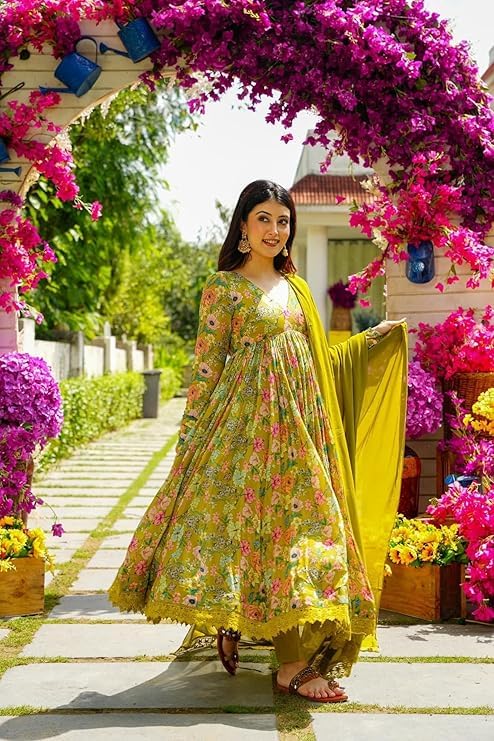 Image of KD Women's Floral Print Anarkali Kurta Set with Pant and Dupatta, Georgette, Full Sleeves, Asymmetric Hemline