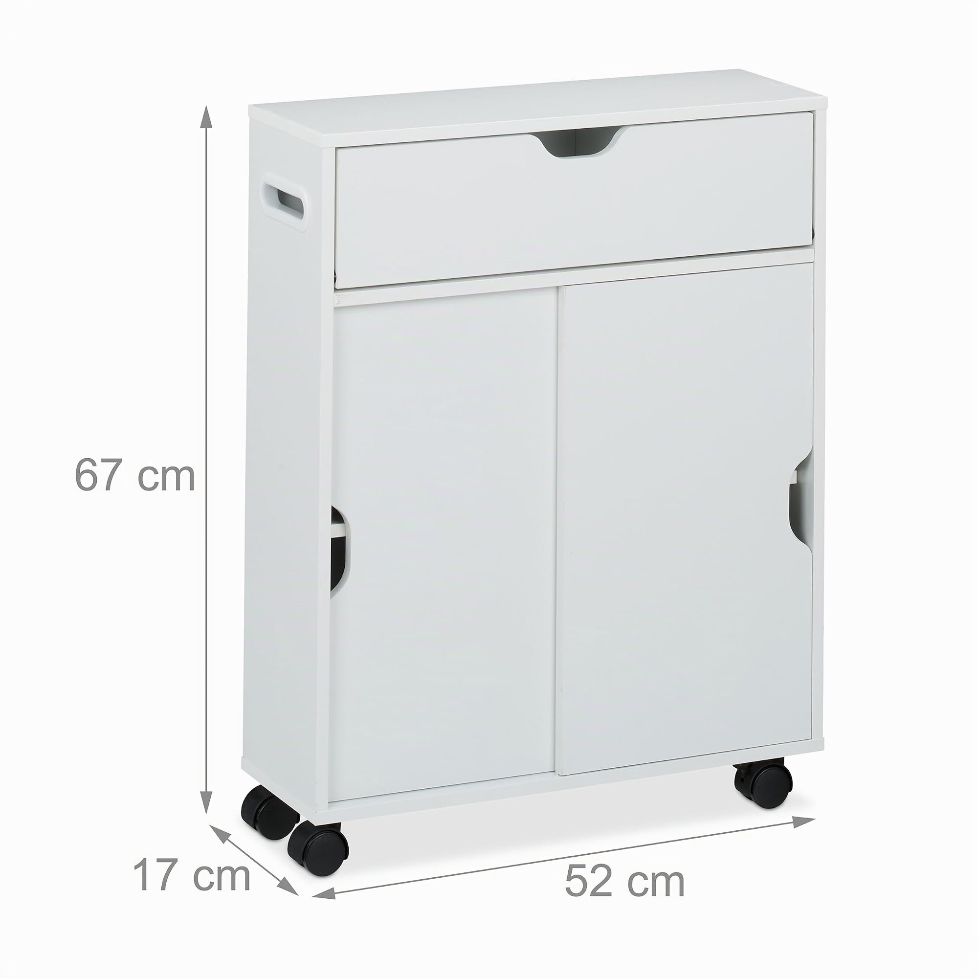 Relaxdays Carrito Auxiliar Estrecho, Puertas Correderas, 67 x 17 x 52 cm, Carro Baño y Cocina, con Mango, MDF, Blanco