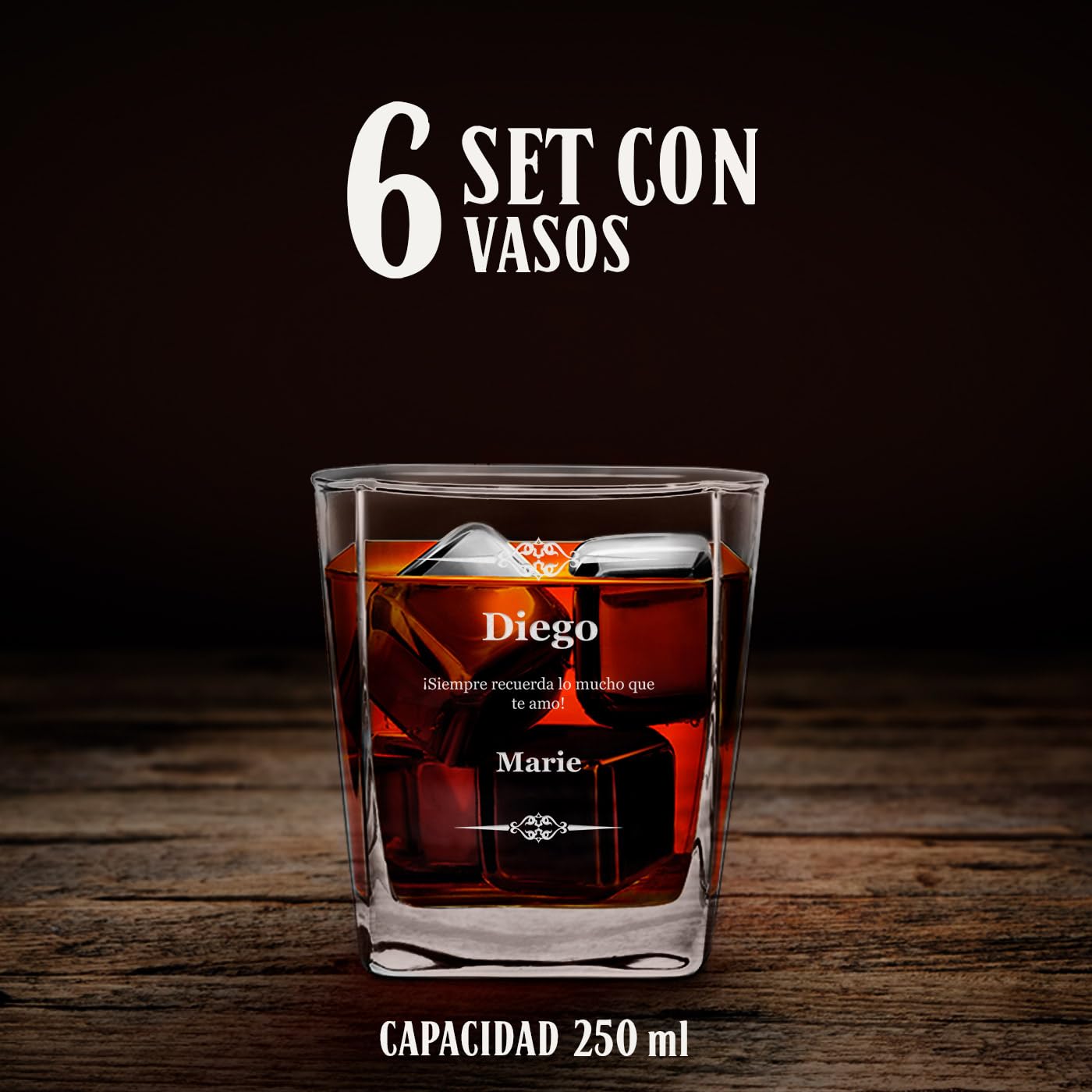 Maverton Decantador de Whisky 700 ml con 6 Vasos Personalizados 250 ml - Jarra de Cristal con Tapa - Regalos Originales para Hombre Regalo Dia del Padre Cumpleaños Amigo Marido Abuelo - Amor