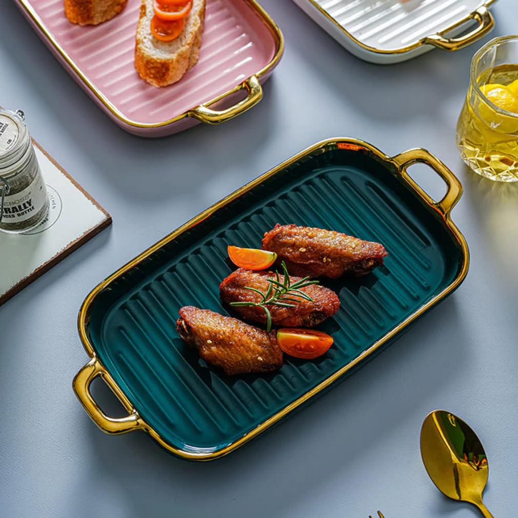 SMOKEY COCKTAIL Ceramic Grill Plate with Handle Rectangle Serving Trays for Food Serving Dinner | Microwave Safe Baking Tray | Oven to Table Cookware for Kitchen Green Color
