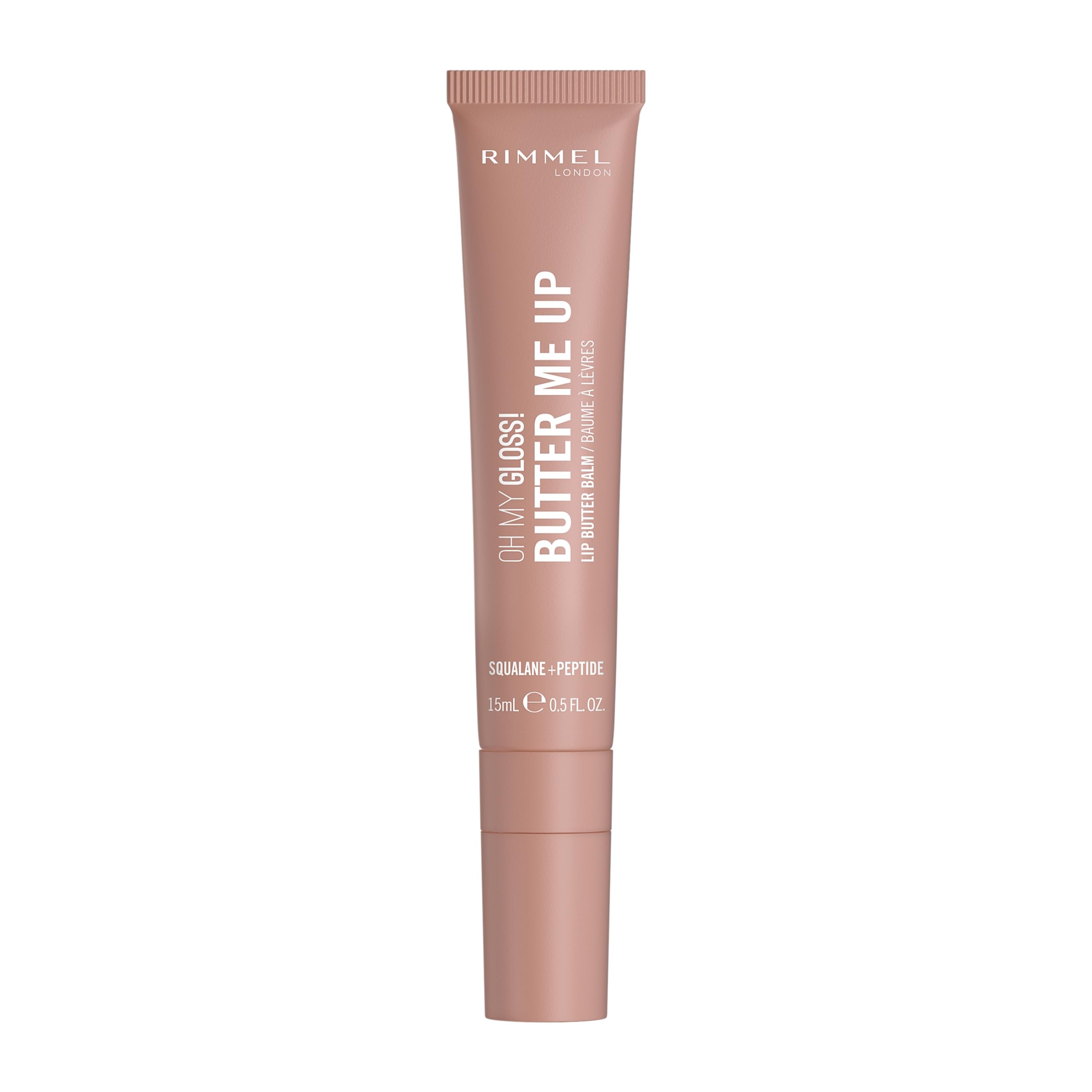 Rimmel Oh My Gloss! Butter Me Up, 001 Latte Delight, Moisturising Lip Butter Balm, Glossy and Sheer Tint, Ultra-Hydrating, Enriched with Squalene and Peptides, Lip-Hugging Applicator, Vegan, 15ml