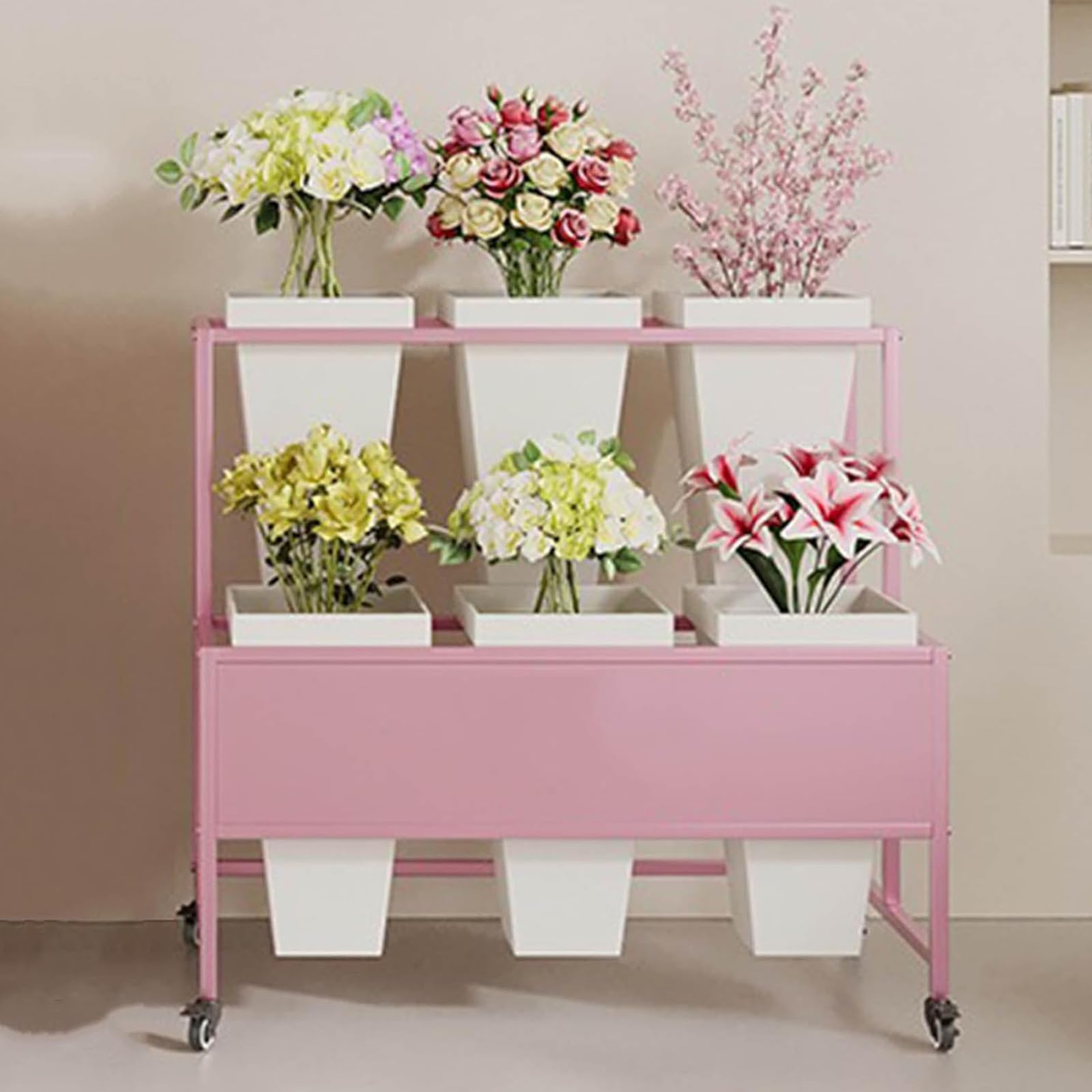 DFGHNBVC Florist Bouquet Display Stand With 6 Plastic Buckets, 2-Tier Metal Shelf On 4 Wheels For Flower Shops And Balconies,Pink