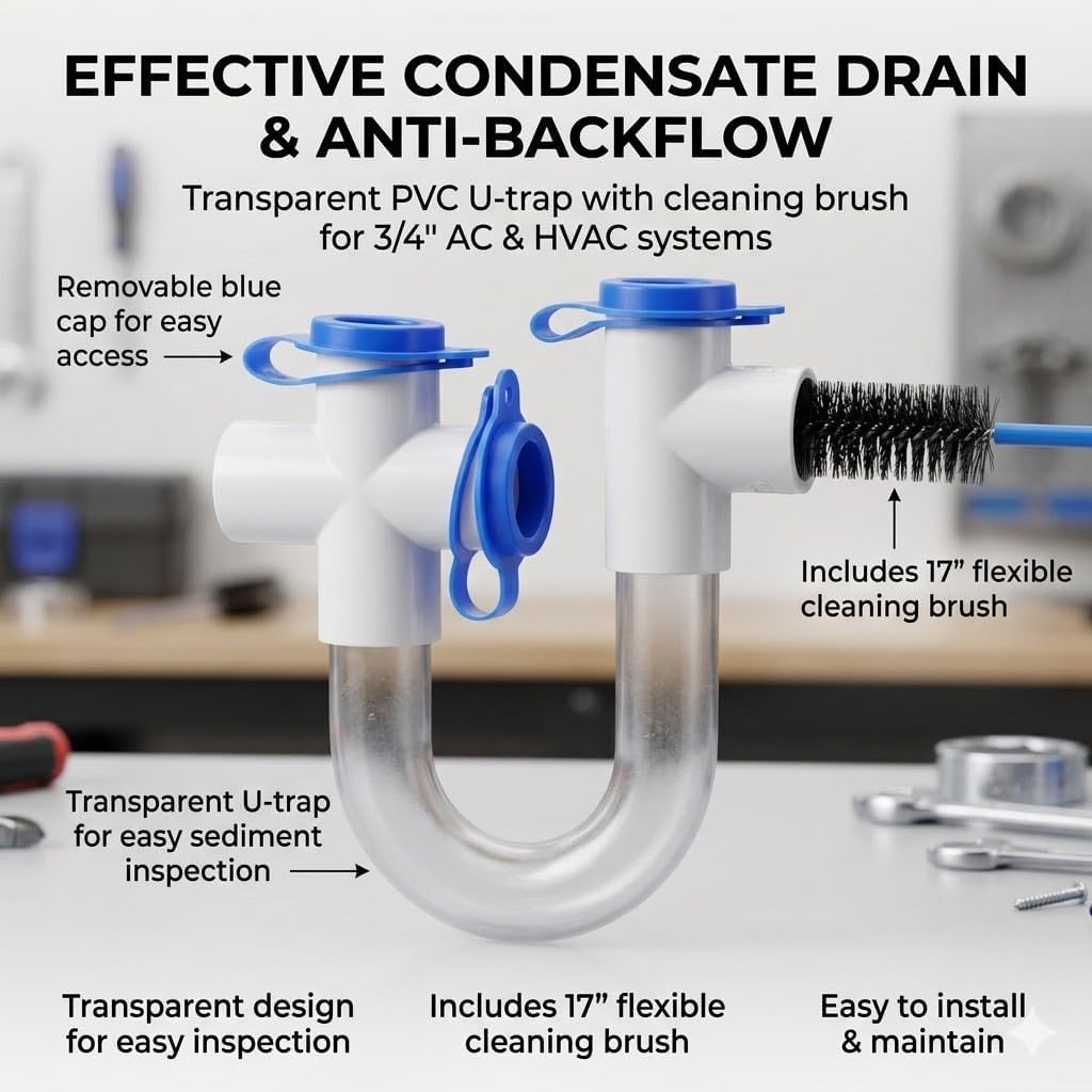 3/4" Standard Condensate Trap with 17" Cleaning Brush PVC Transparent U Trap for HVAC Systems, Air Conditioner, Effectively Drains Condensate (10PCS)