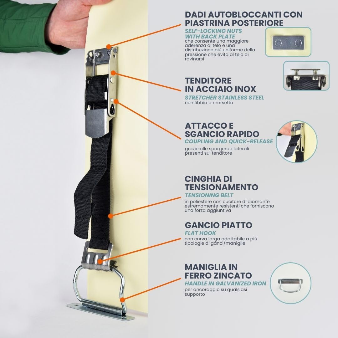TENDAGGIMANIA Cinghia A Cricchetto A Sgancio Rapido - Chiusura Teloni Per Camion E Furgoni, Cinghia Di Fissaggio Tenditelo Per Teli Laterali Gazebo E Pergole (Confezione da 2)