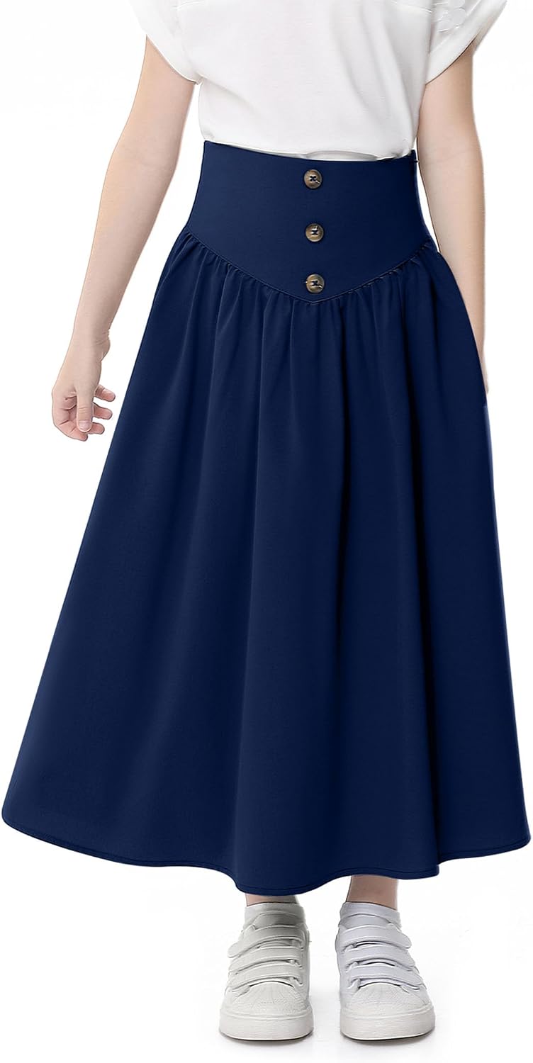 Girl Maxi Skirt Elastic High Waist A-Line Long Skirt Smocked Waistband with Drawstring and Pockets 3-12 Years