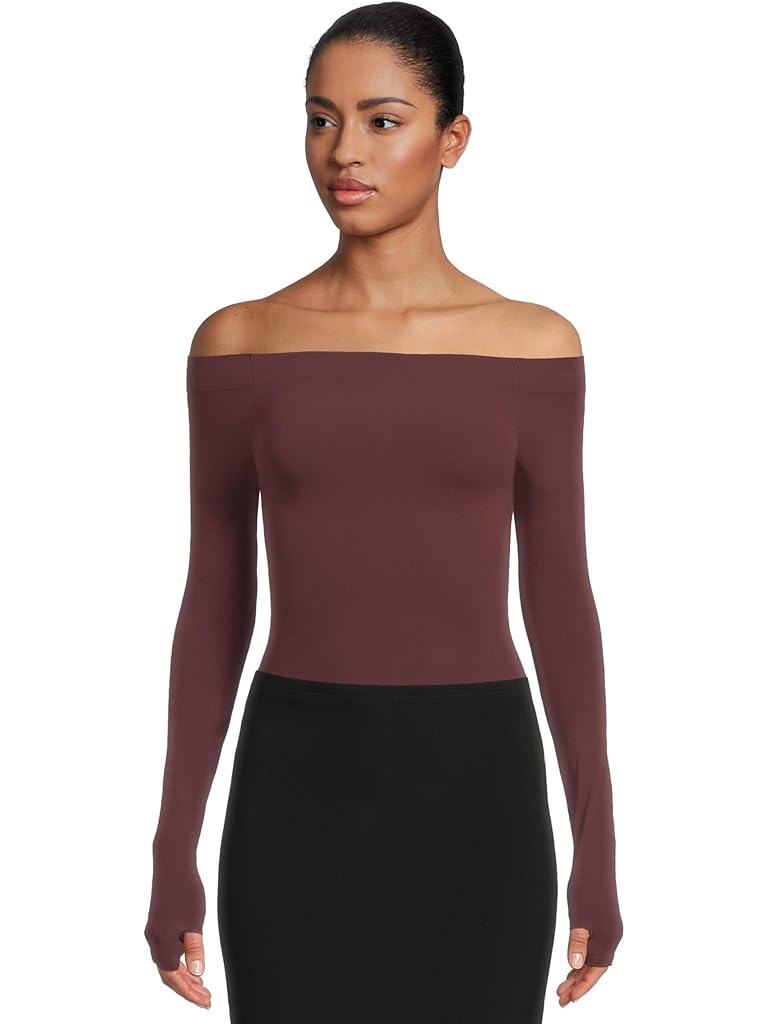 Brown Commando Ballet Off-shoulder Bodysuit With Thumb Hole