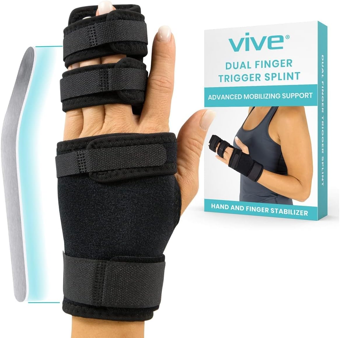Vive Dual Trigger Finger Splint - Hand Support -Immobilizer For Middle, Pinky, Metacarpal And Ring Fingers - Straightening Braces For Contractures And Broken Fingers And Arthritis - For Men And Women (Black)