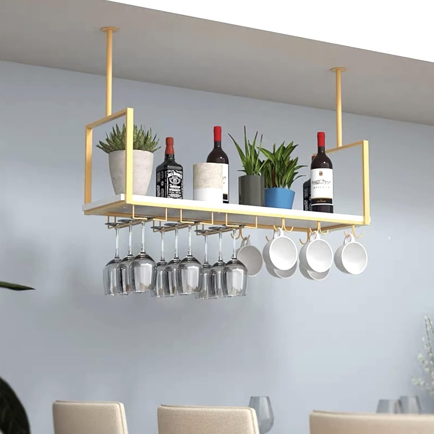 Ceiling Wine Rack with Glass Holder, Hanging Metal & Wooden Wine Storage, Retro Wine Bottle and Goblet Rack for Bar/Kitchen (100×30×60cm)(120 * 30 * 60cm) (One Color 80 * 30 * 60cm)