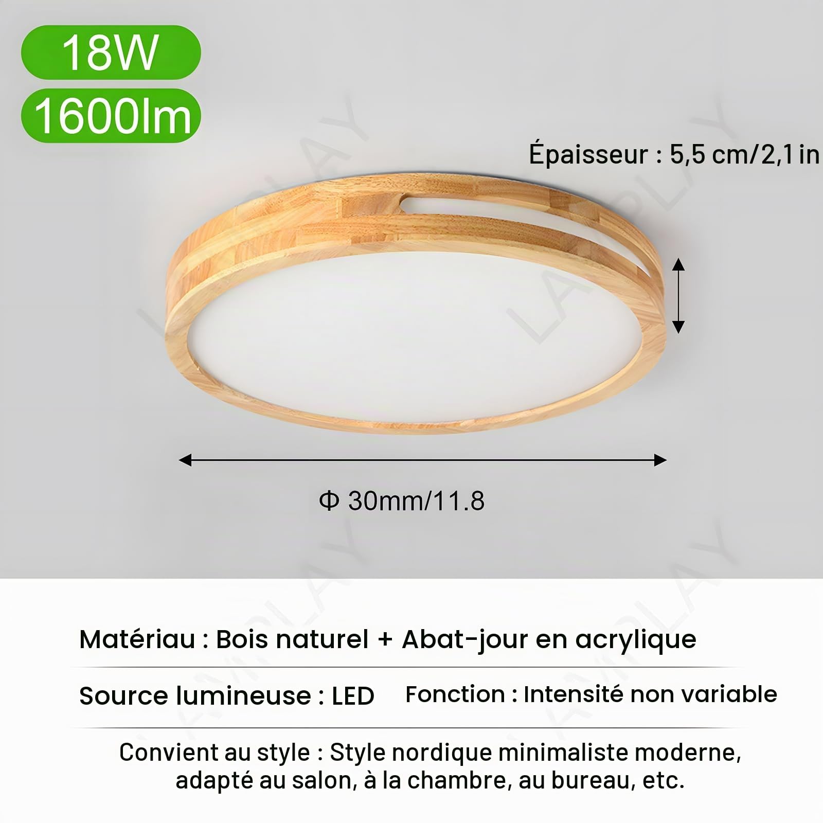 Plafonnier Rond En Bois, Ø30cm, LED À Lumière Neutre, Bois Naturel Original 4500K, 18W, Design Creux Latéral, Idéal Pour Une Chambre Un Salon Un Bureau Une Chambre D'Enfant Une Cuisine