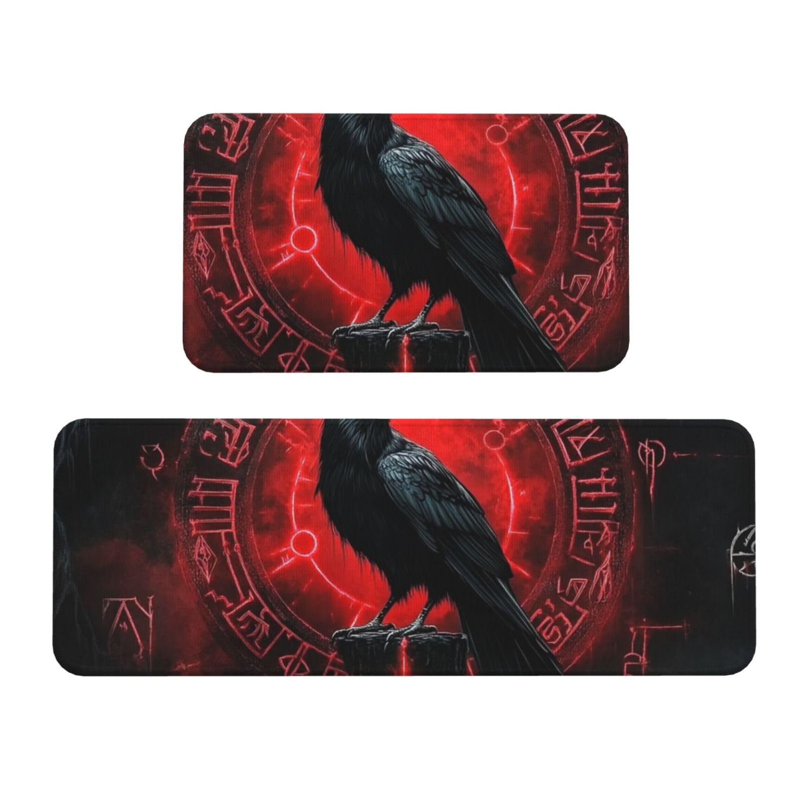 Tapetes de cocina antideslizantes con diseño místico de cuervos y runas rojas